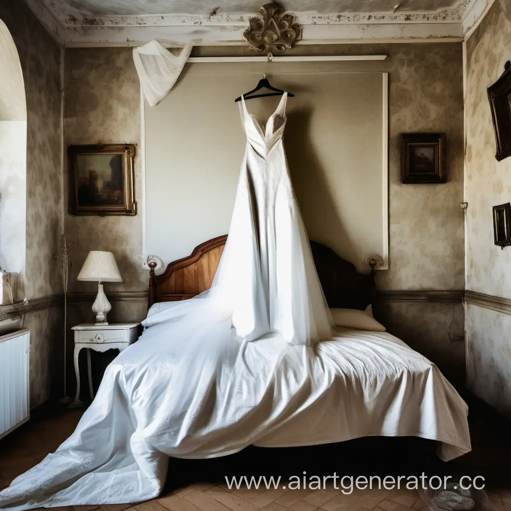 Спальня в старом доме. На большой белой кровати лежит свадебное платье белого цвета. На стене висит икона
