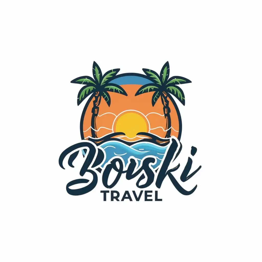 a logo design,with the text "bOski Travel", main symbol:Beach, palms, seaview,Moderate,be used in Travel industry,clear background