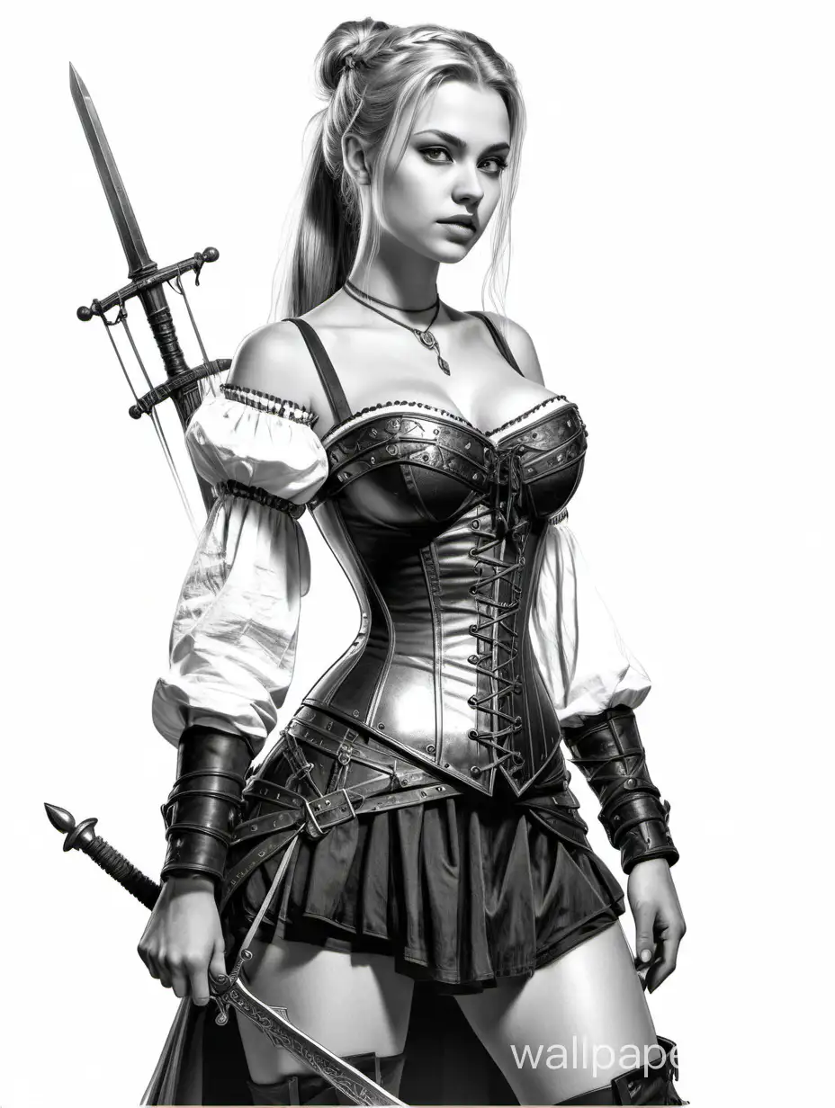 Young Irina Chashchina, a Russian witcher, with light hair in ponytails, a large chest of size 4, narrow waist, wide hips, bare chest, corset with lacing, skirt with metallic overlays, black and white sketch, white background, medieval weapons