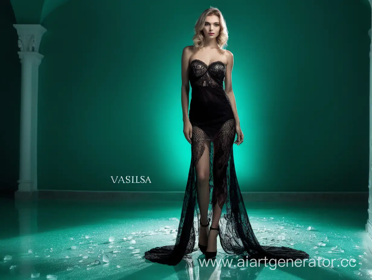 Василиса премудрая прекрасная  модельной внешности 30 лет в чёрном кружевном платье без верха стоя в черных туфлях на изумрудно ледяном полу