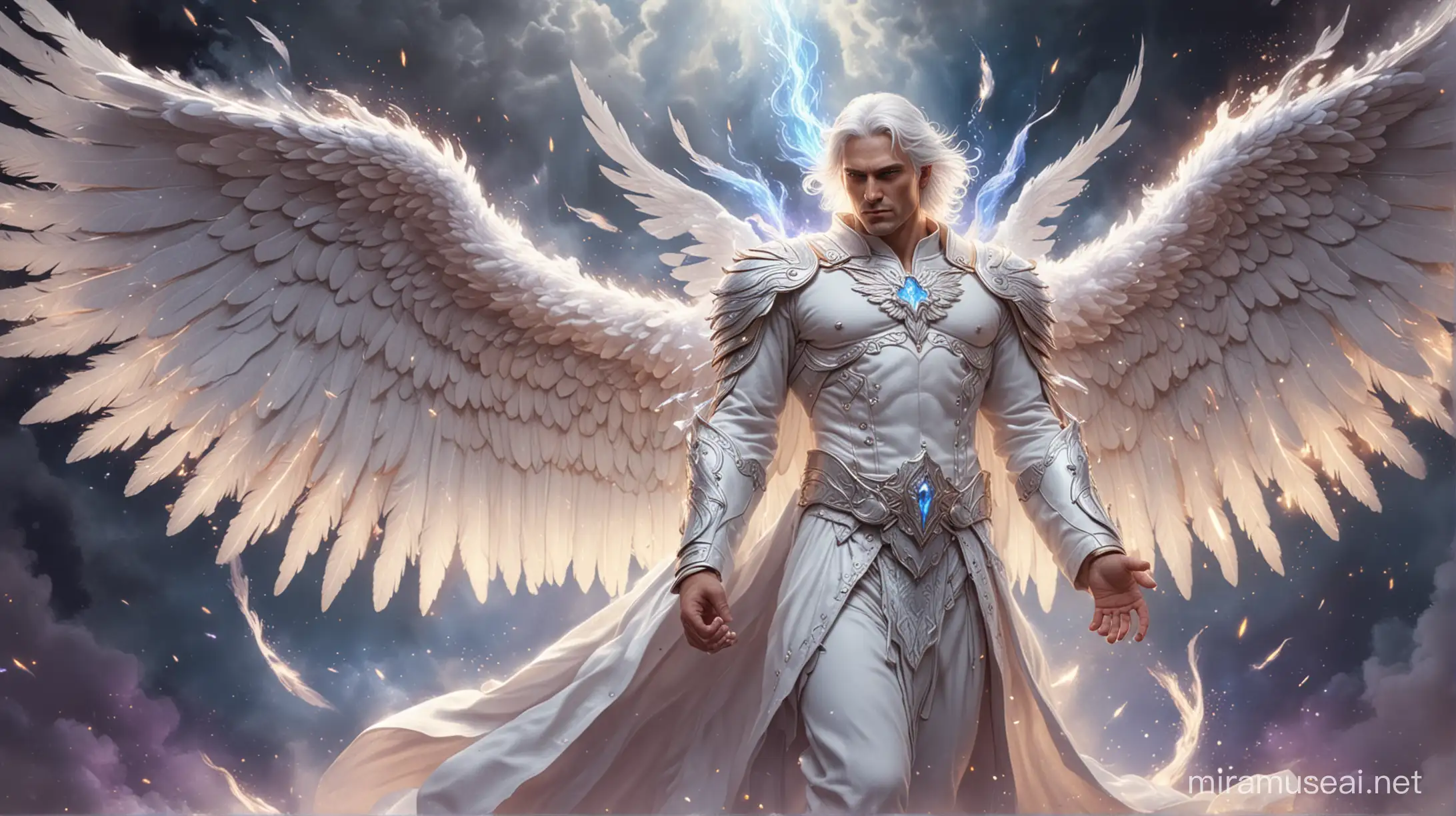 много силен и голям ангел пазител.на средна възраст . със бяла коса . дрехите му са в бяло и светло виолетово . има големи и горящи със сини пламъци криле. криле които пръскат искри.целия свети и гори . 