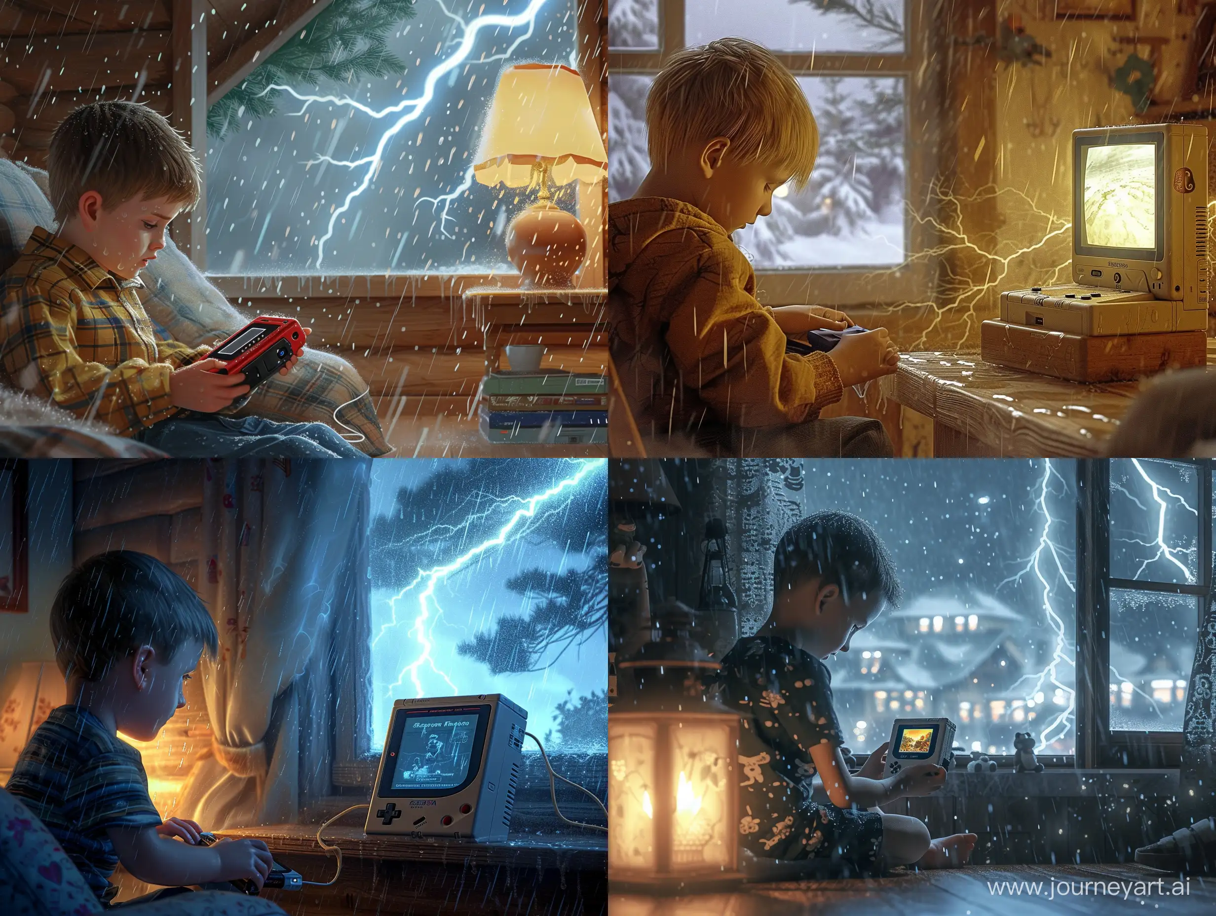 a young boy playing on a gameboy in a cosy room, its raining outside, atmospheric lightning, very realistic, very detailed