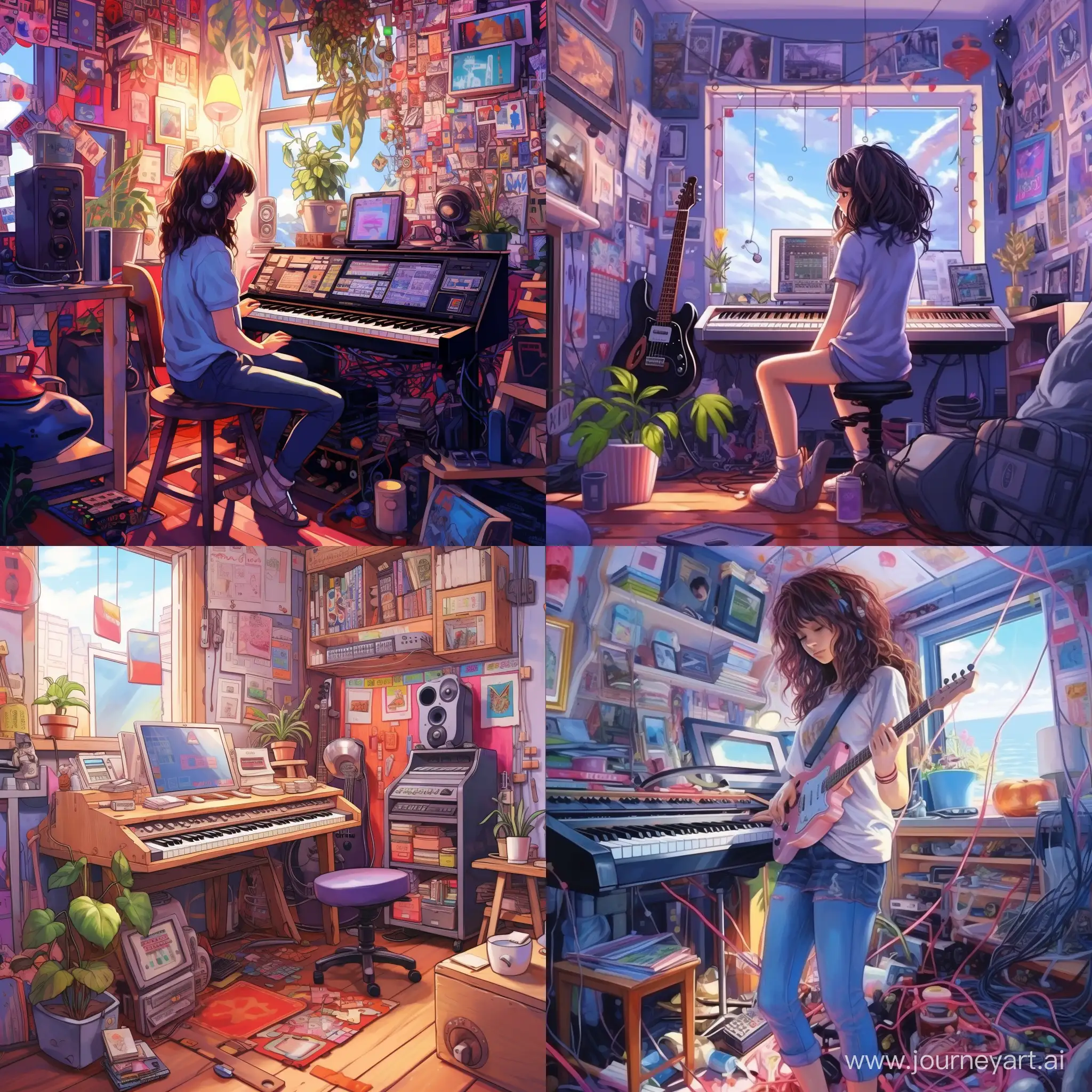 Teenage girl's room, cool, mess, synthesizer, posters, easel, high quality, high detail, cartoon art