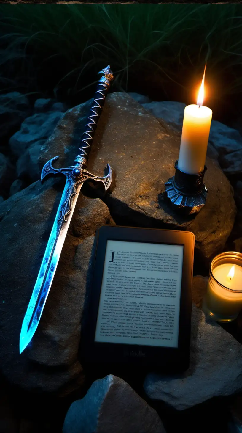 black kindle on a rock, next to it is an old metal sword, one small white candle and one glass bottle with glowing potion, at night, view from above