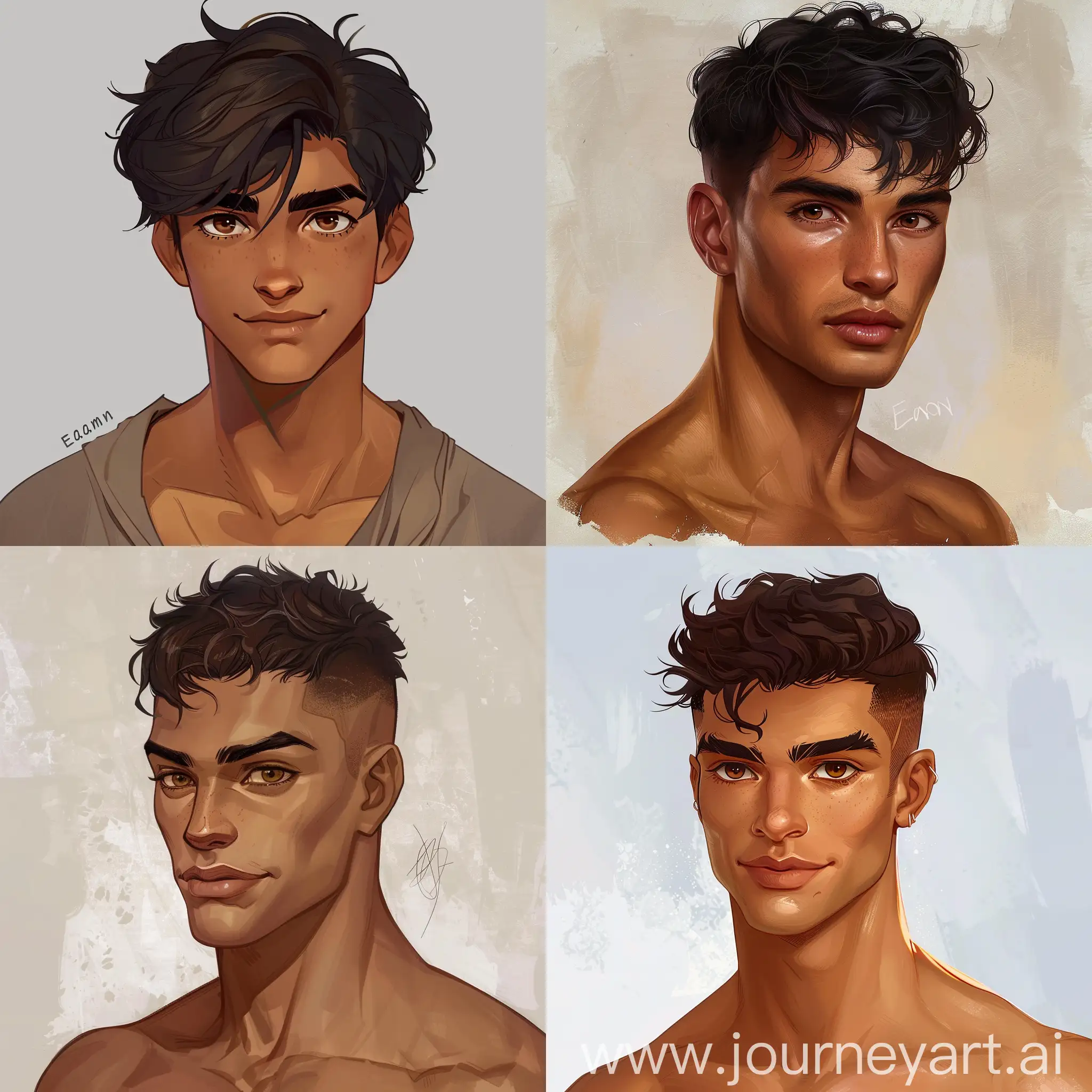 Eamon is determined and caring, with a quiet strength. He admires strength and seeks to protect those he cares about. As a demigod, Eamon possesses magical abilities that manifest when needed, powerful light magic . Lean build, very short textured dark hair, brown eyes, and caramel tan skin.