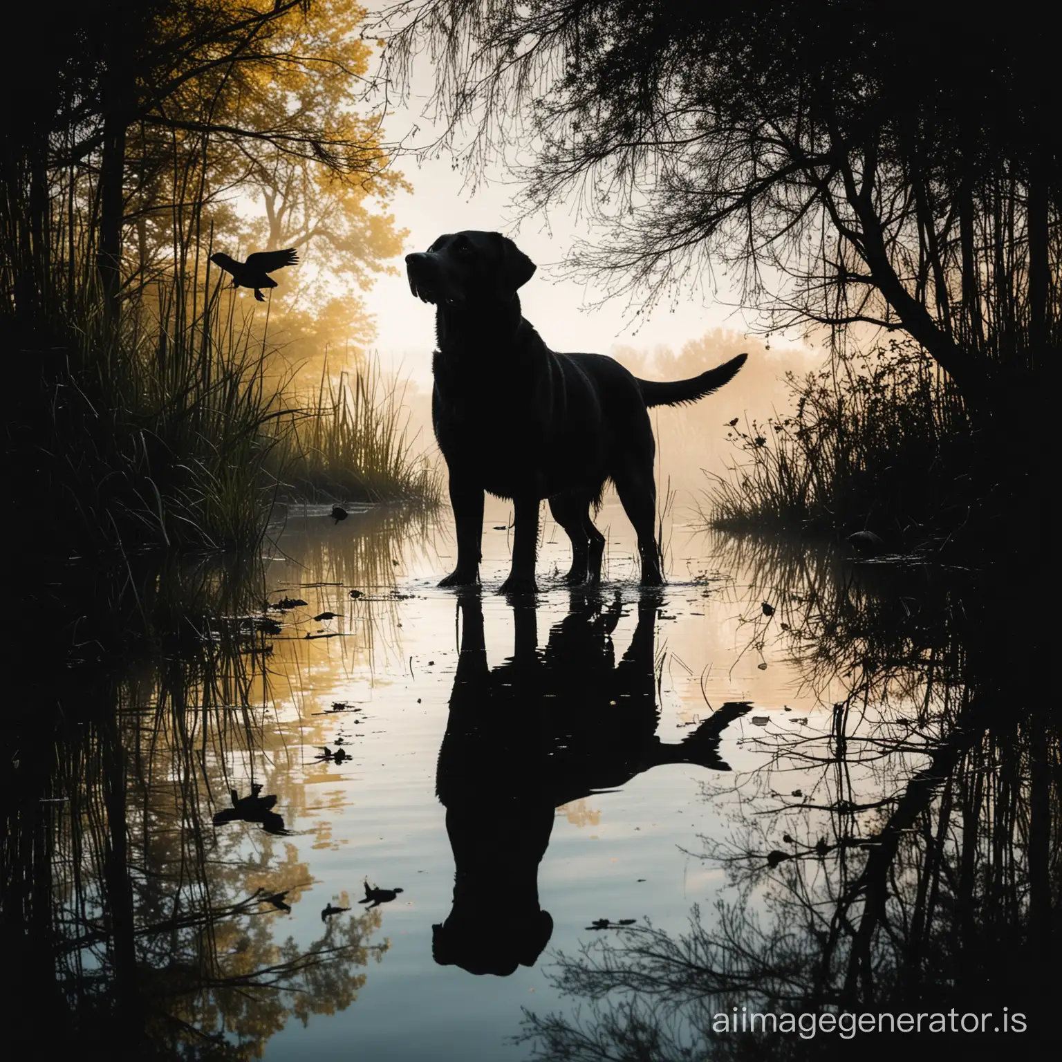 Been seeing double exposures recently. PROMPT: Double exposure. Main image is the silhouette of a labrador, inside the silhouette is a pond with ducks. Alcohol ink.