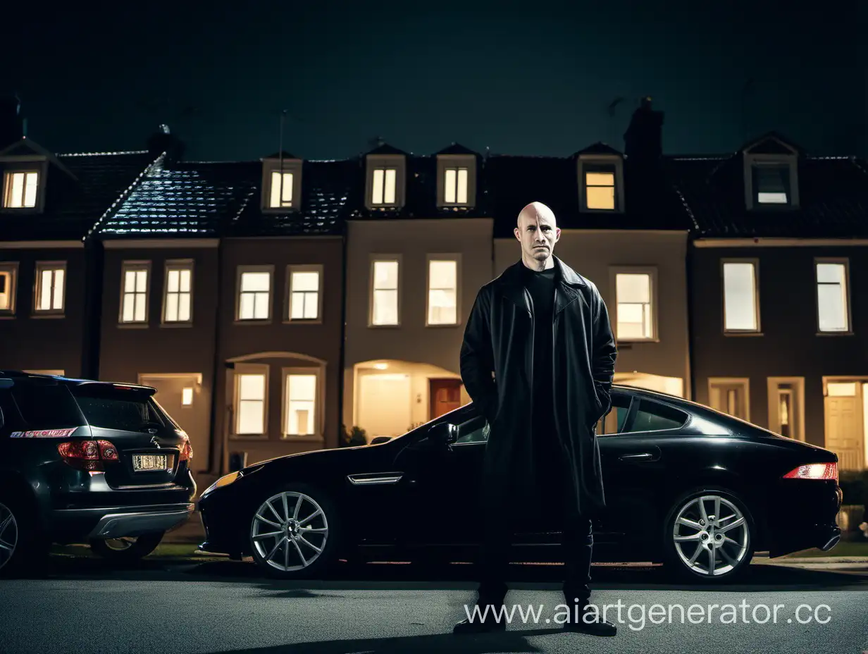 лысый мужик в чёрном, рядом с машиной, на фоне домов, ночью