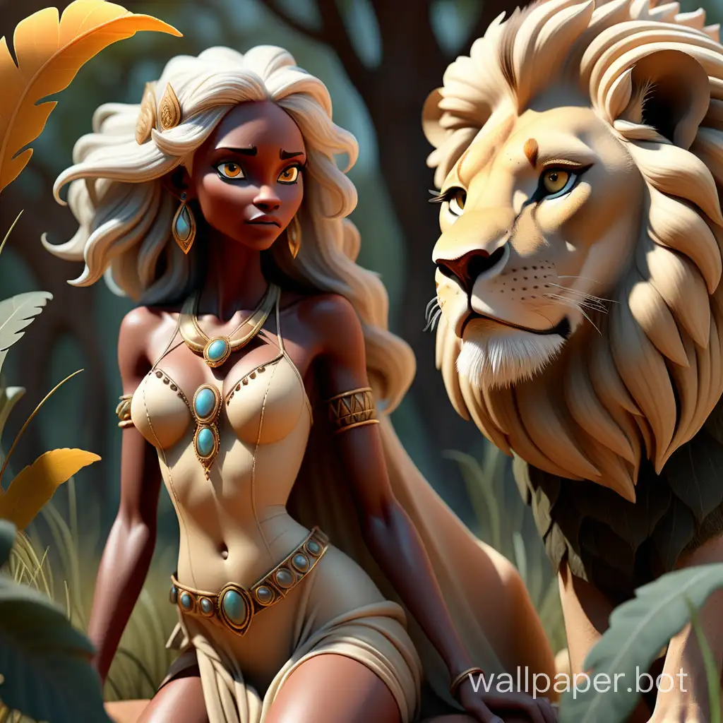 Divine fairy of the wild savannah with a lion. Highest quality and detail. Clear illustration. 8K