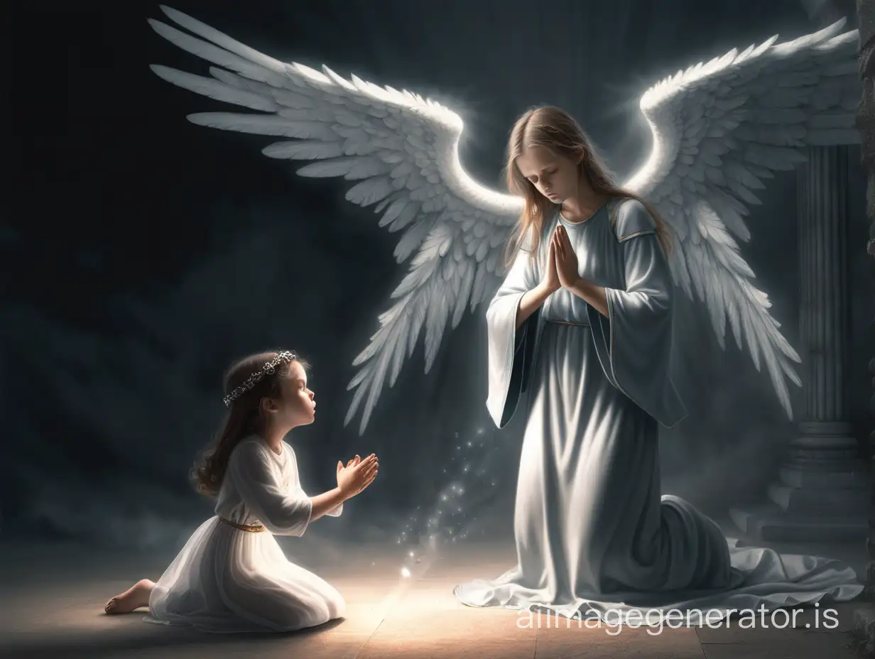 A girl praying and an angel is stopping the fallen angel which has a dark aura who is attacking her
