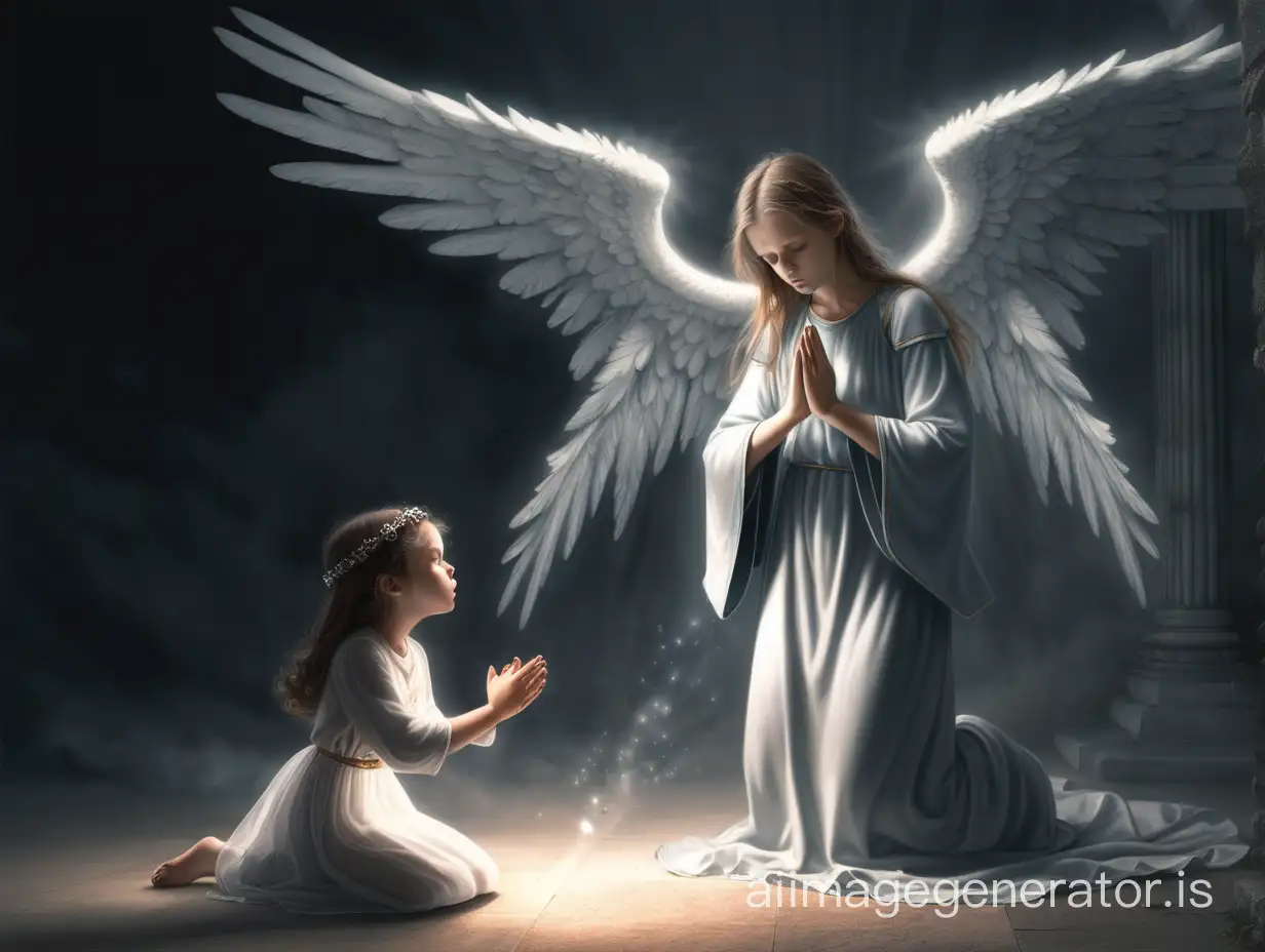 Heavenly Protection A Girl Praying with a Guardian Angel Defending ...