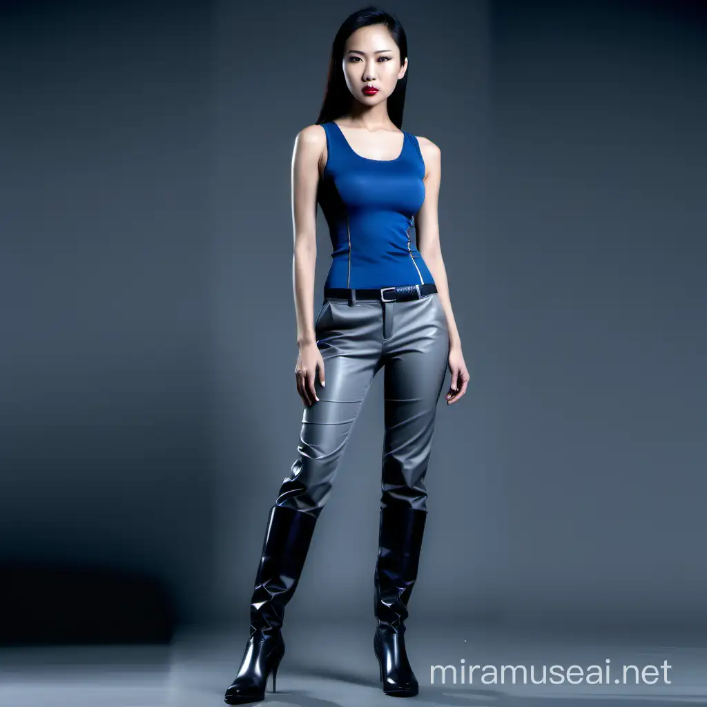 Stylish Bald Asian Woman in Blue Tank Top and LeatherPanel Trousers with Black Boots and Blood on Shoulder
