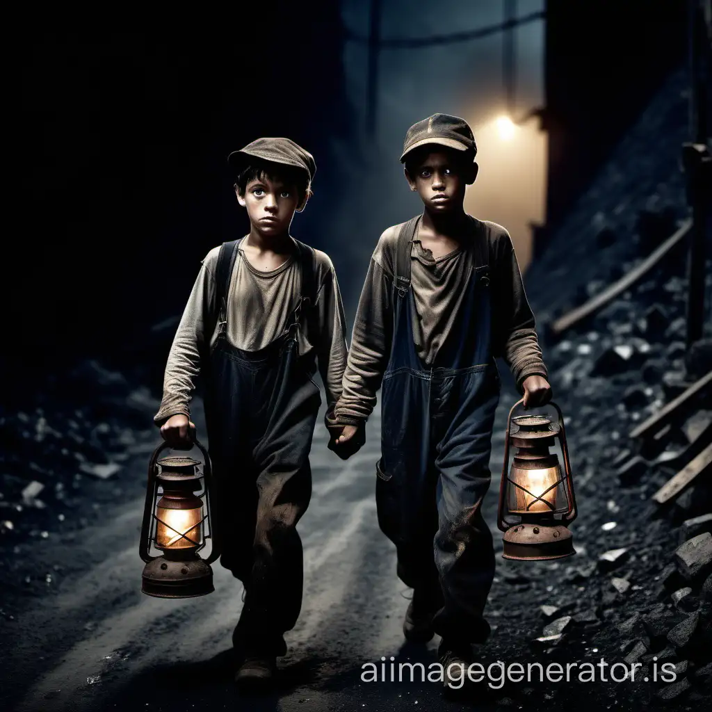 two tired and sad minors coming out of a coal mine, dirty, holding an old lantern and walking down a street in a poor and dark mining town
