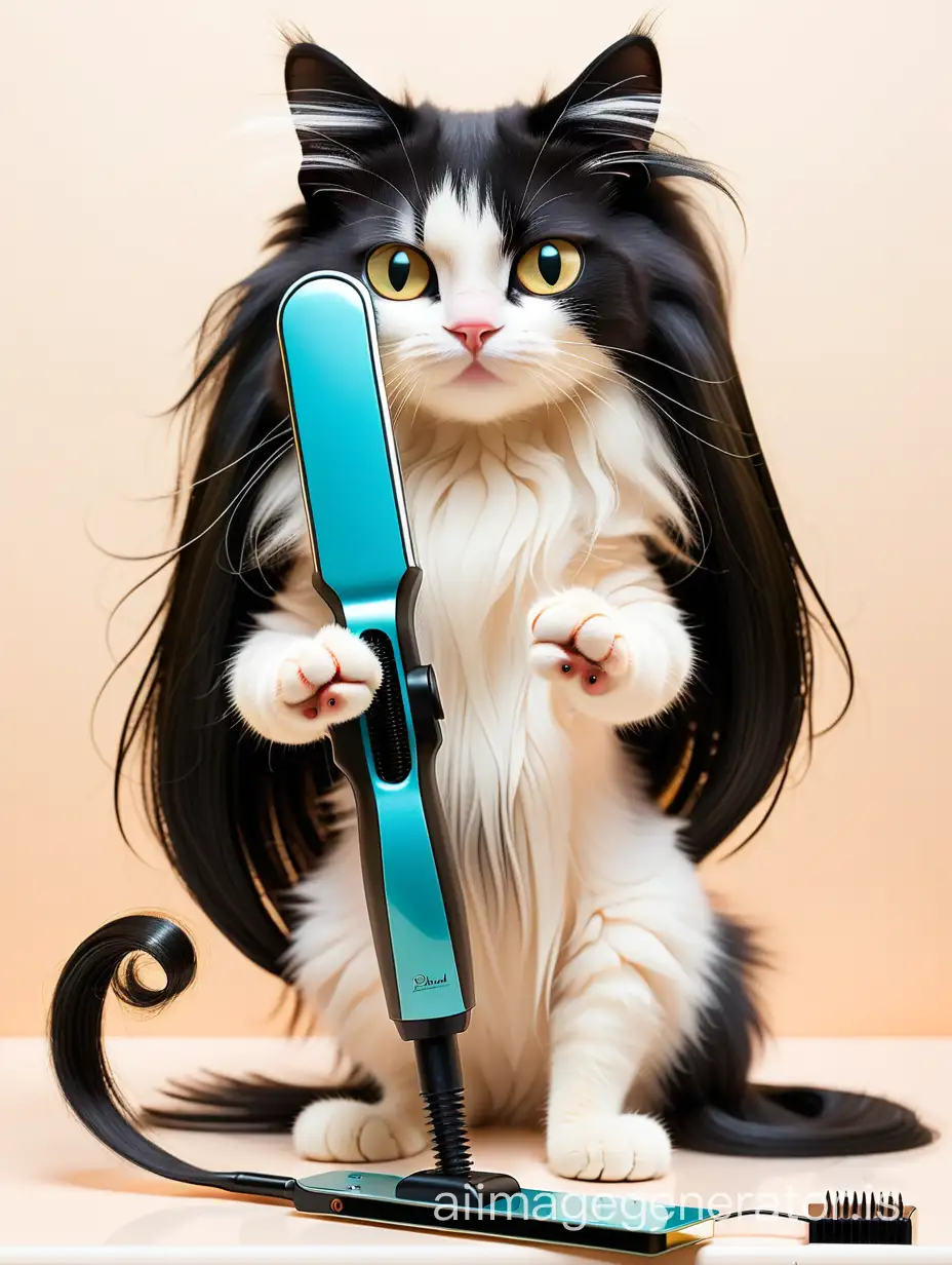 A cat with long black hair holds a hair straightener