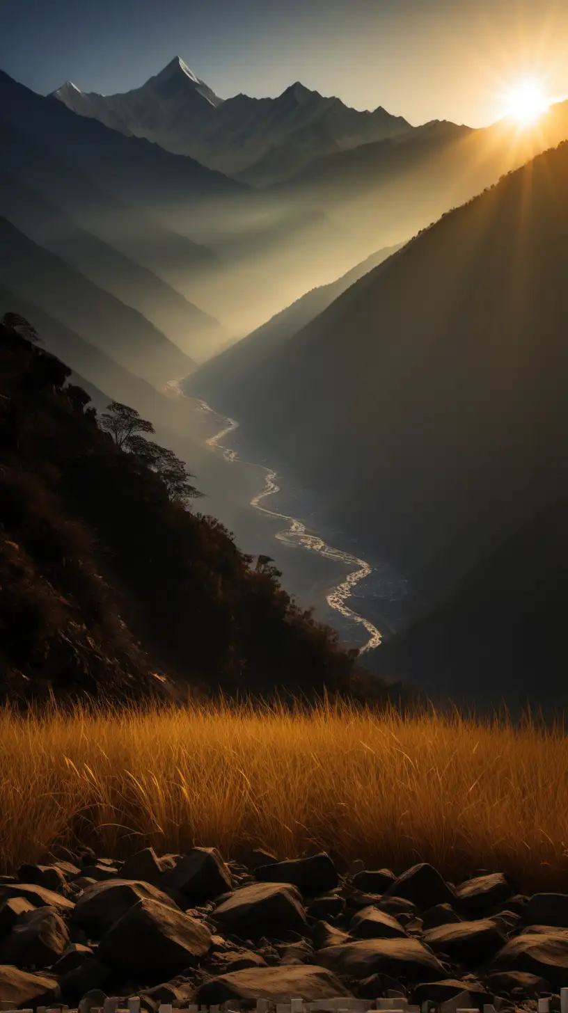A serene Himalayan landscape, sunrise casting a golden glow