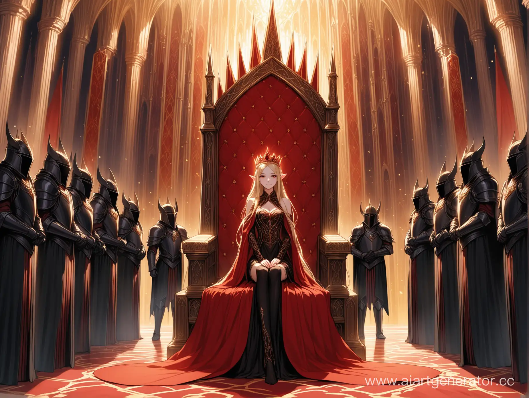 Elven-Queen-Reigns-Surrounded-by-Subjects-and-Knights-in-Throne-Room