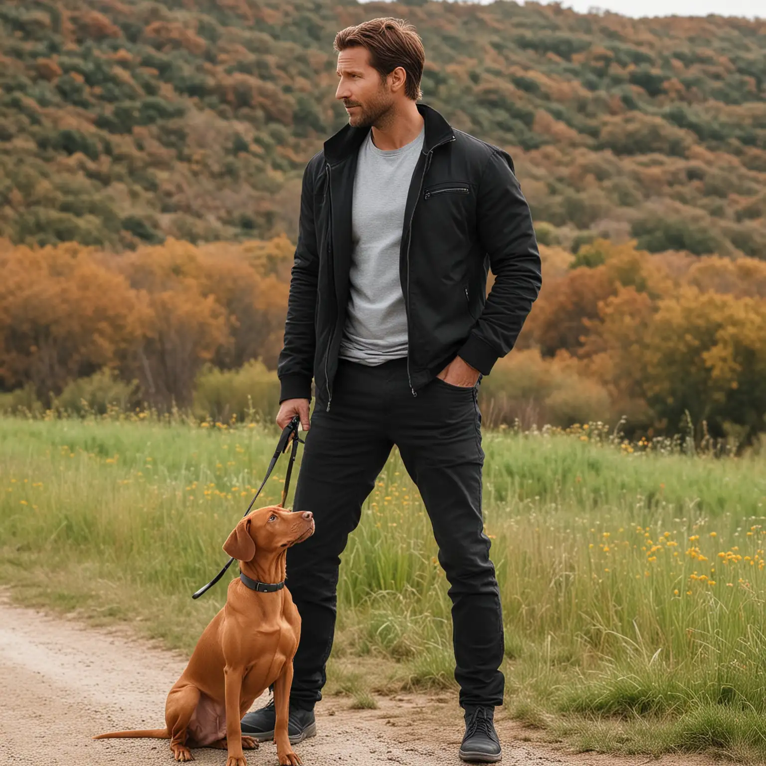 man with black jacket and dog who is orange Vizsla who is looking for something in distance, and the man looks like bradley cooper, it is summer

