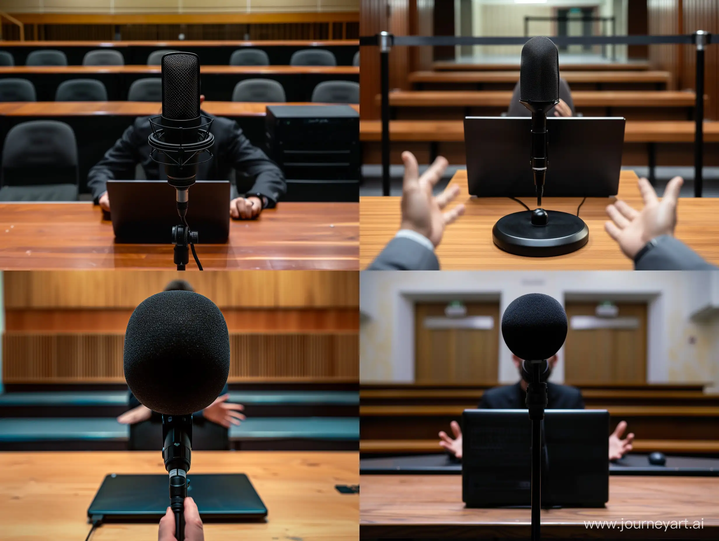 The perspective of the first person in front of him is a large black microphone and in front of him is a wooden table in an empty room and his hands in the front are above a closed black laptop. Depth of Field photography. --ar 4:3 --s 100 --style raw --v 6 