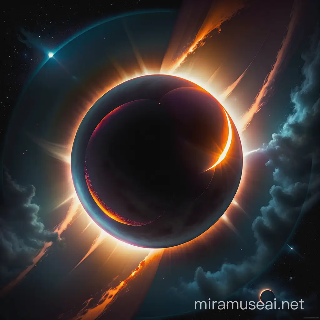 create a stunning hyper realistic image of a total eclipse showing its eerie beauty in the depths of the sky. should have an ethereal feeling. show a centered shot of the eclipse. the scene combines HDR for a shimmering, elegant finish with cosmic colors that showcases the enormity of the eclipse.