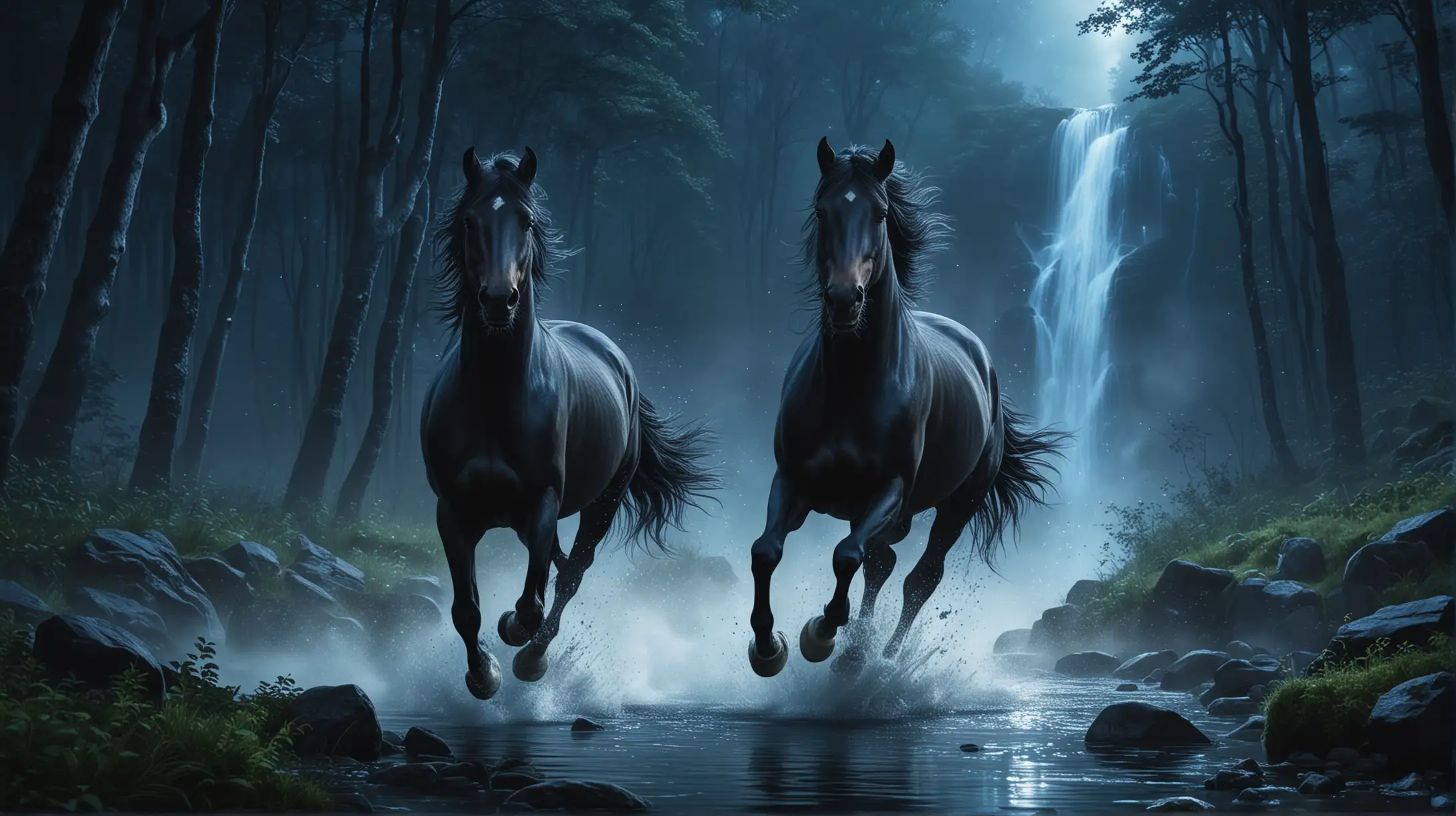 Black Horse Galloping through Enchanted Blue Night Forest with Waterfall