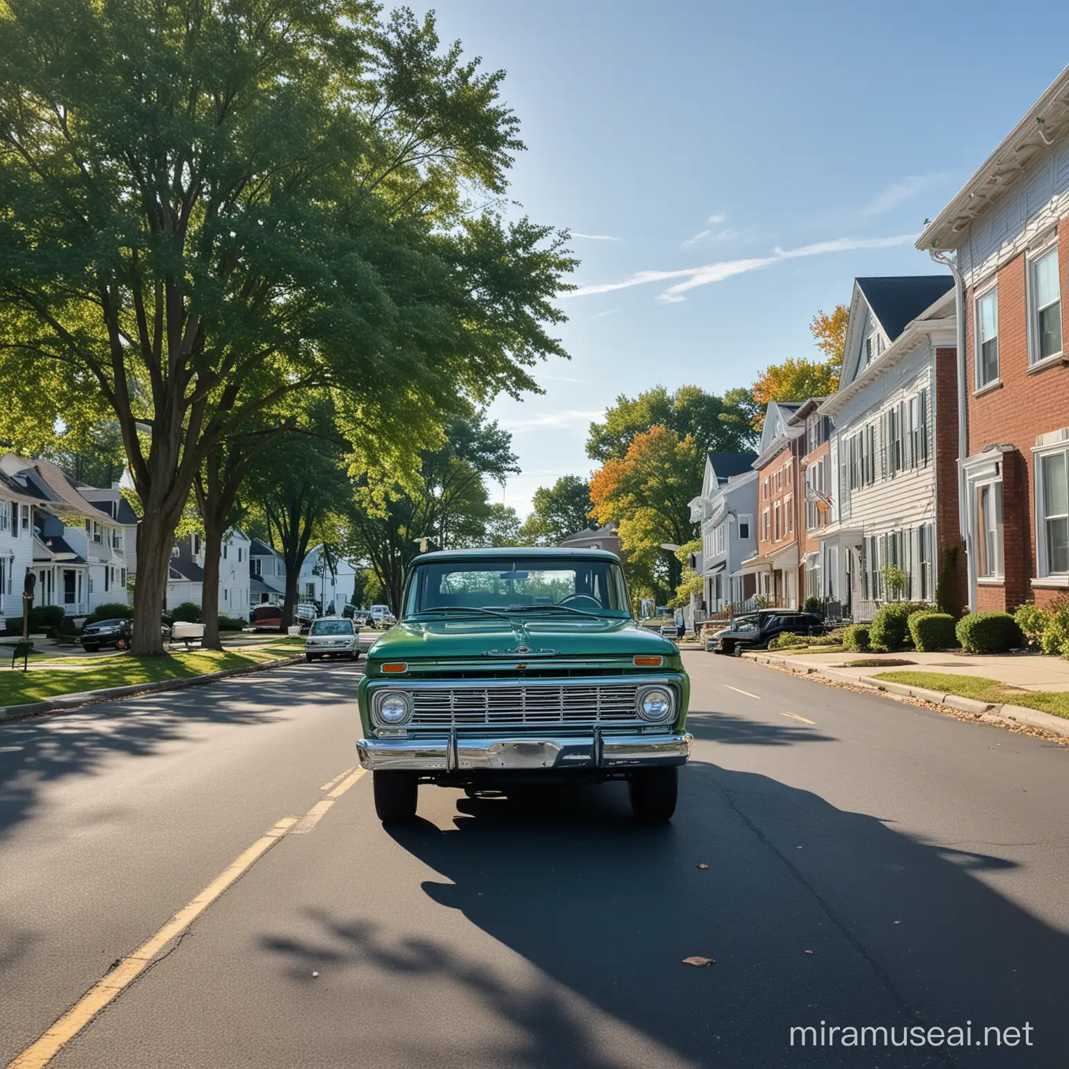 Camioneta Pick Up con Caravan 1964, clásica, color verde metalizado, estacionado en una calle de Concord New Hampshire, a las 9 de la mañana día de cielo despejado y azul intenso.