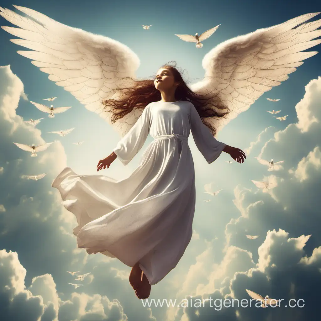 Девушка в скромном наряде летает в небесах на своих широких крыльях (как у ангелов примерно)