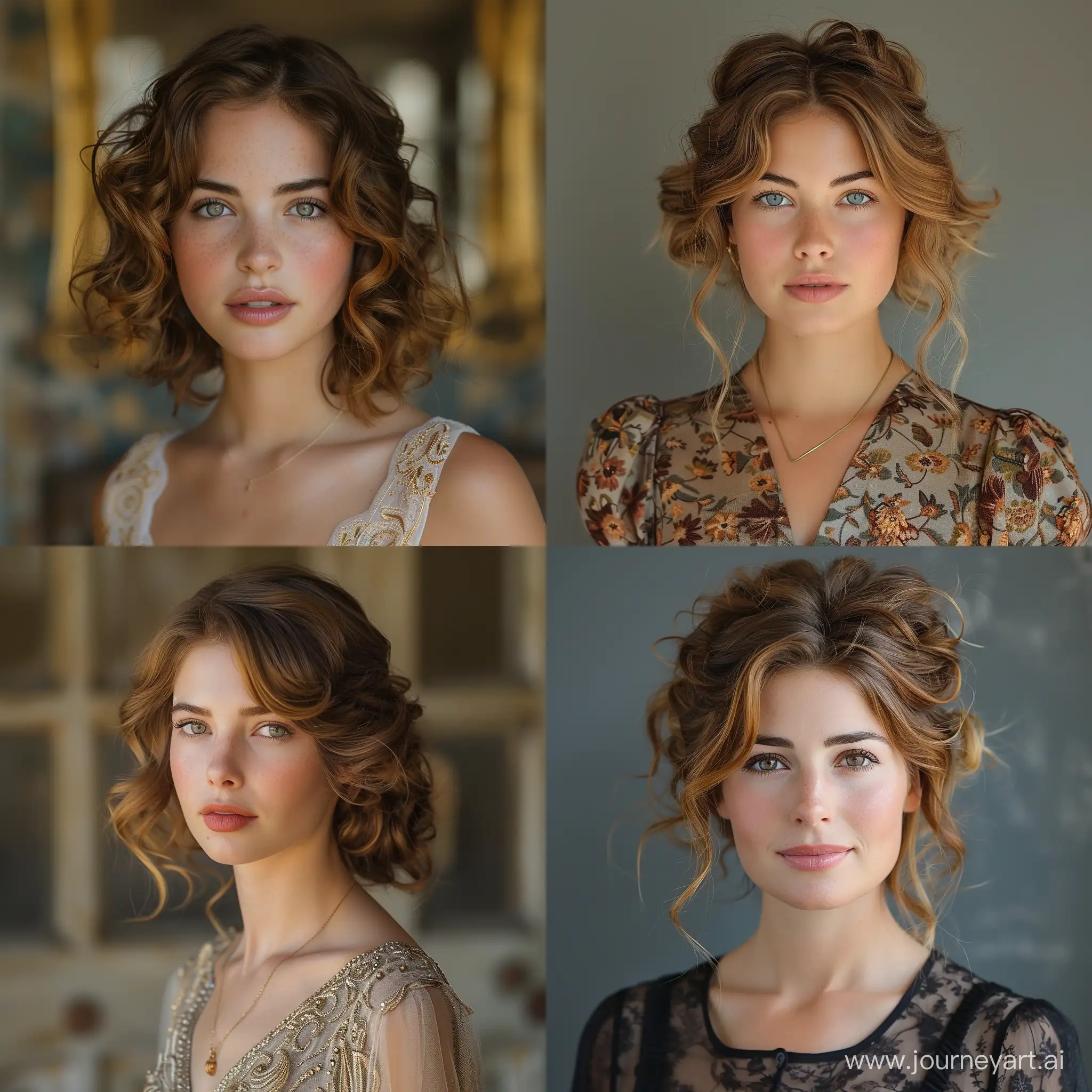 A medium shot of a woman in the 20s, triangle face shape, medium warm undertones, Updo Hairstyle, inverted triangle body shape --stylize 750 --style raw 