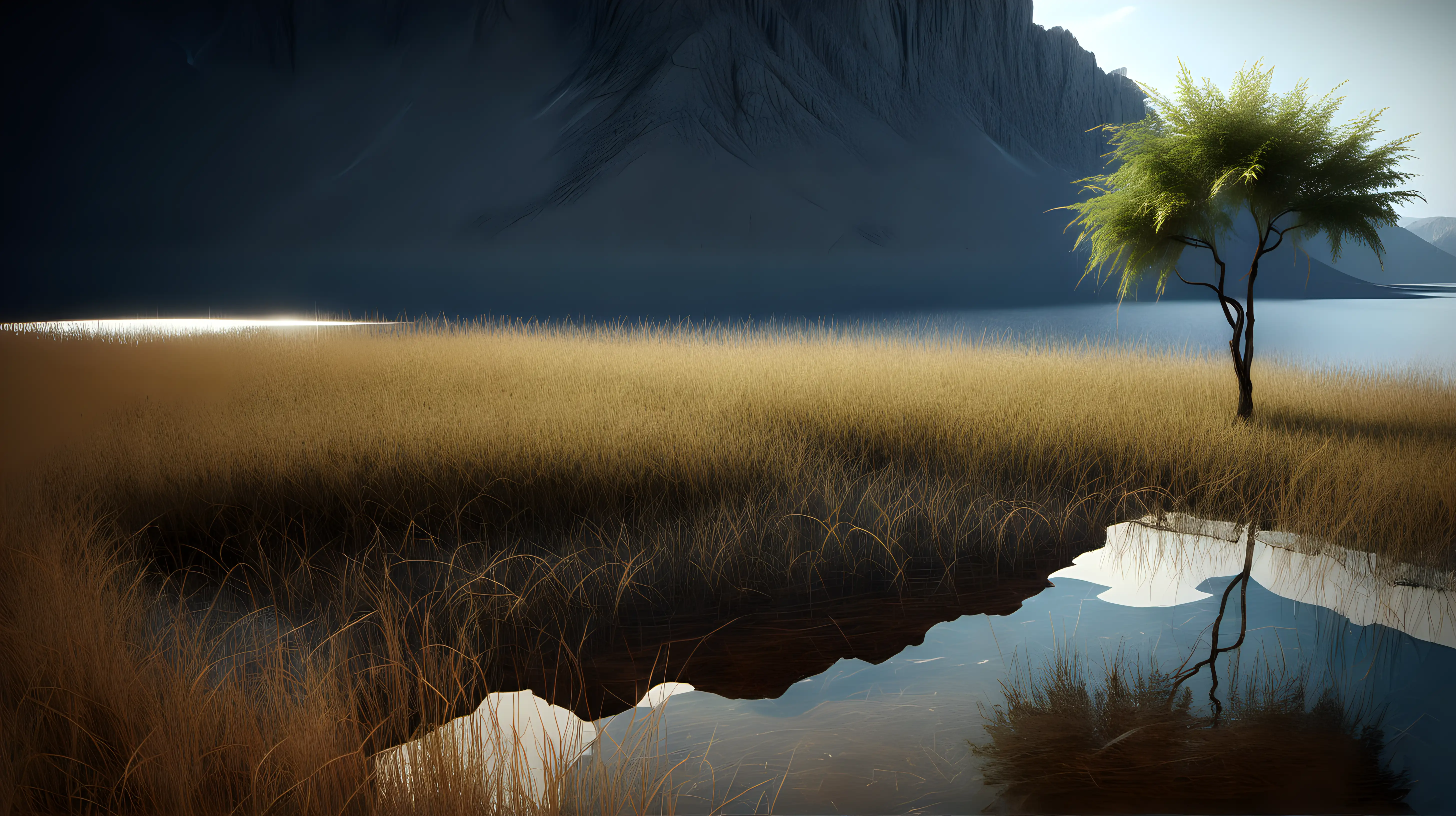 Tranquil Lake Scene with Small Dry Tree and Grass
