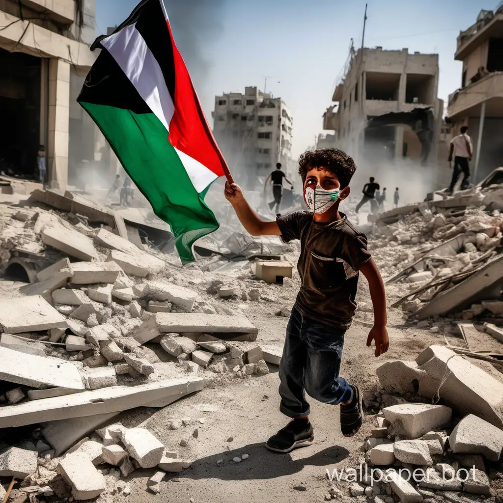 a child with a Palestine flag in his hand is killed by soldiers with a background of huge rubble, tanks, and broken buildings. A Palestine flag in his hands, and a boy should be white and wearing a mask of Abu Ubaida