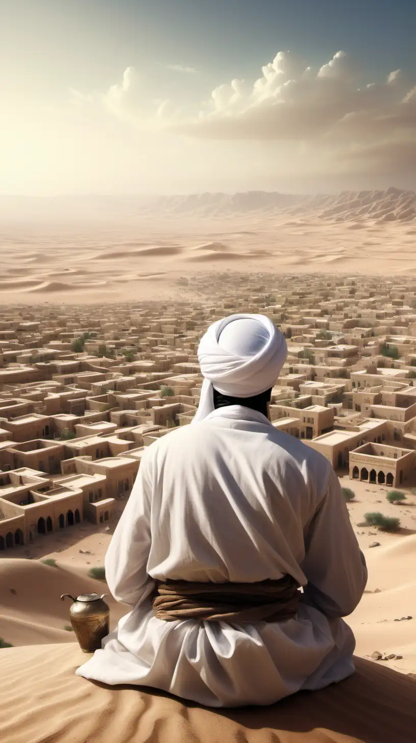 the back of an Arab manning wearing a white turban sitting in the desert overlooking a small desert town in the year 600AD studying
