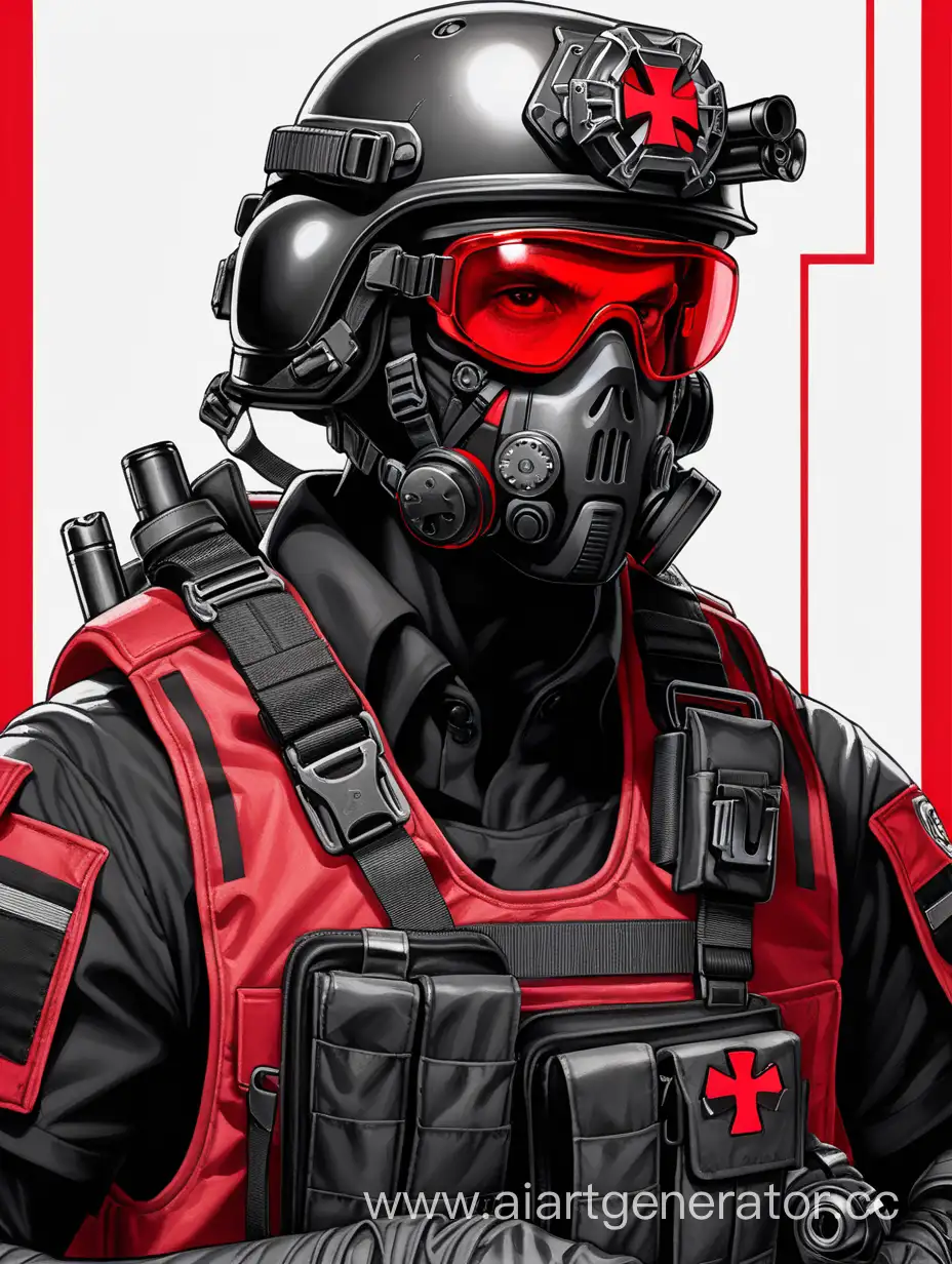 Парень, красная униформа, чёрный шлём с медицинской крестом, красные очки, черный бронежилет с красными линиями, чёрное РПС, широкая челюсть.