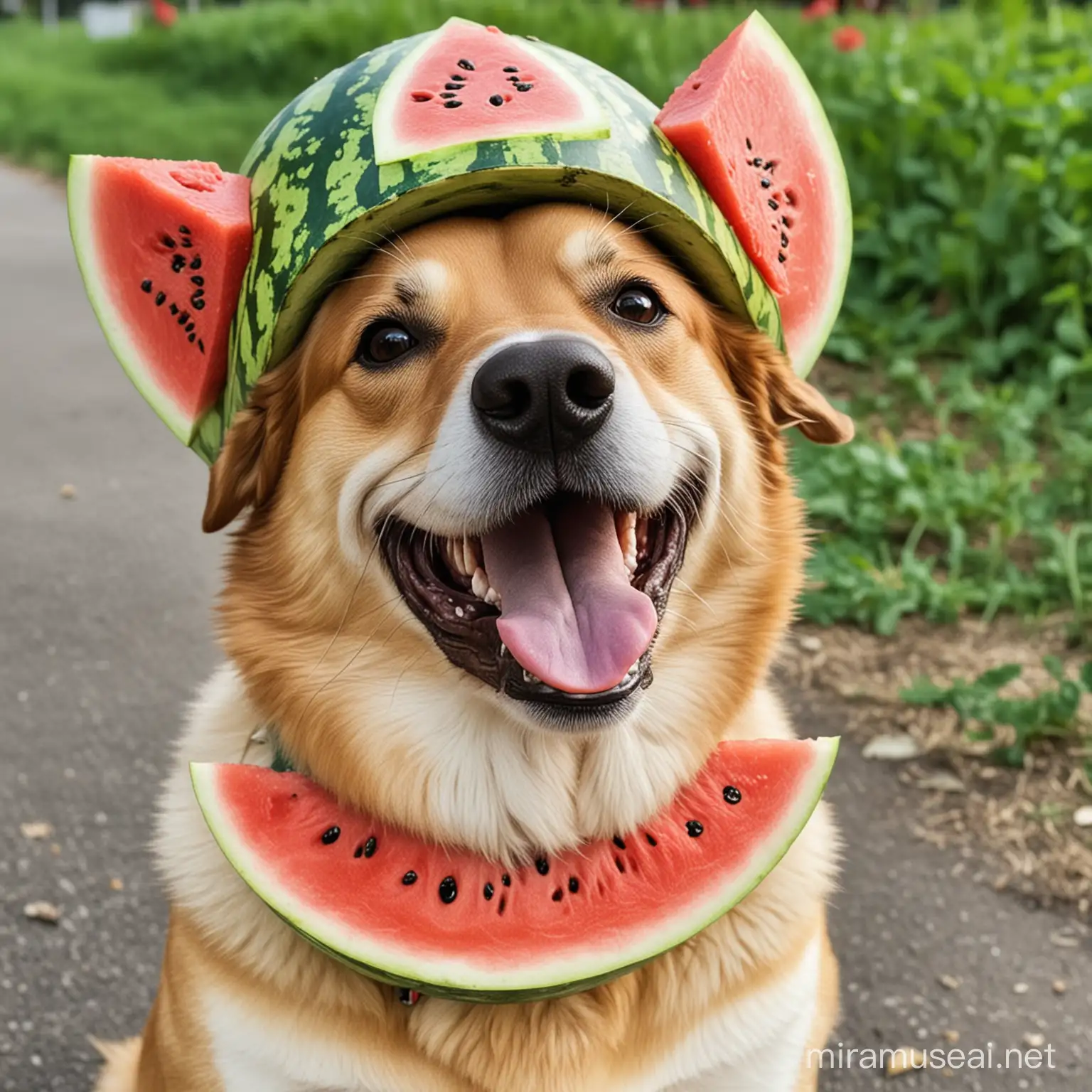 Joyful Canine in a Vibrant Watermelon Helmet