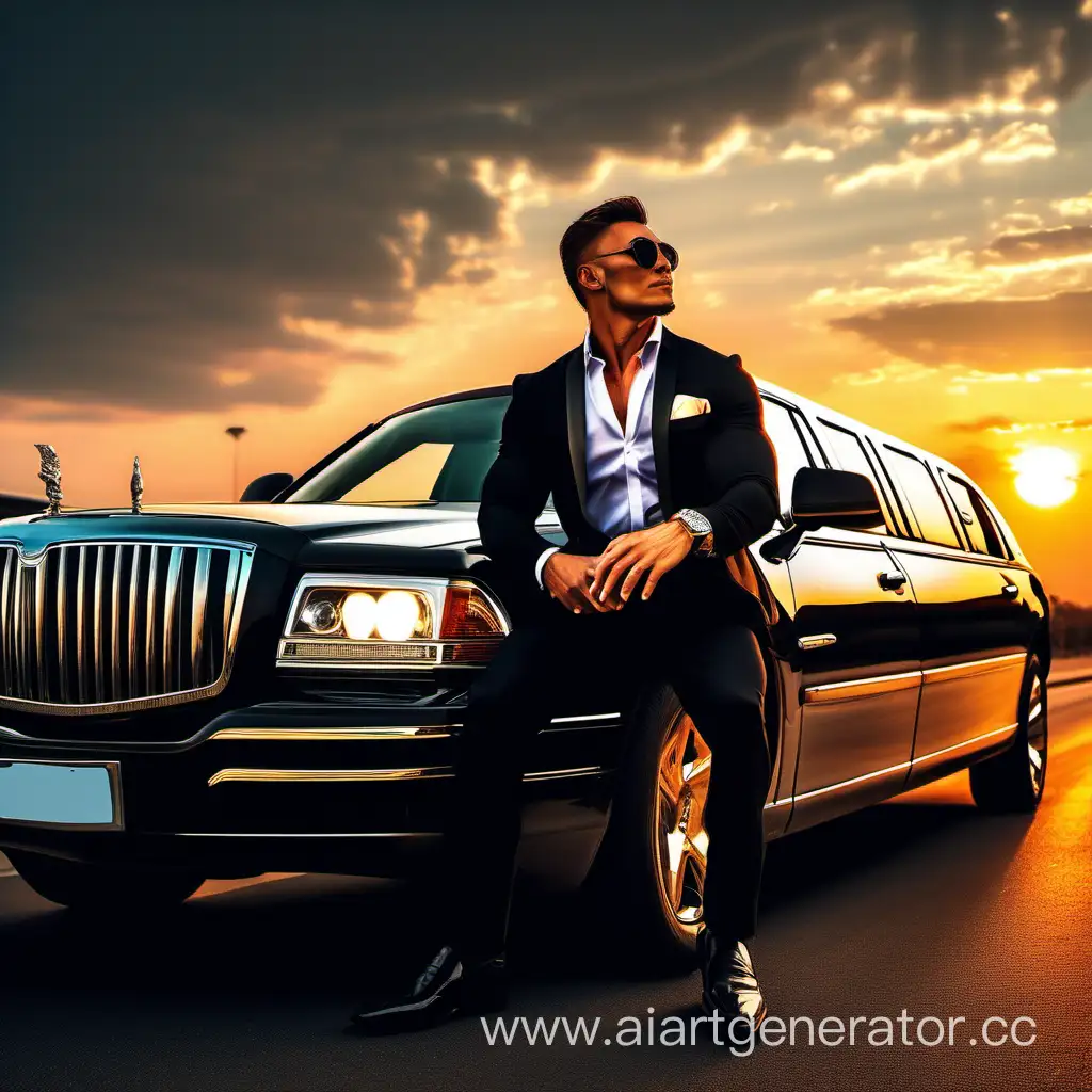 накаченный и богатый мужик сидит в фуре, которая стоит на шоссе на фоне заката 