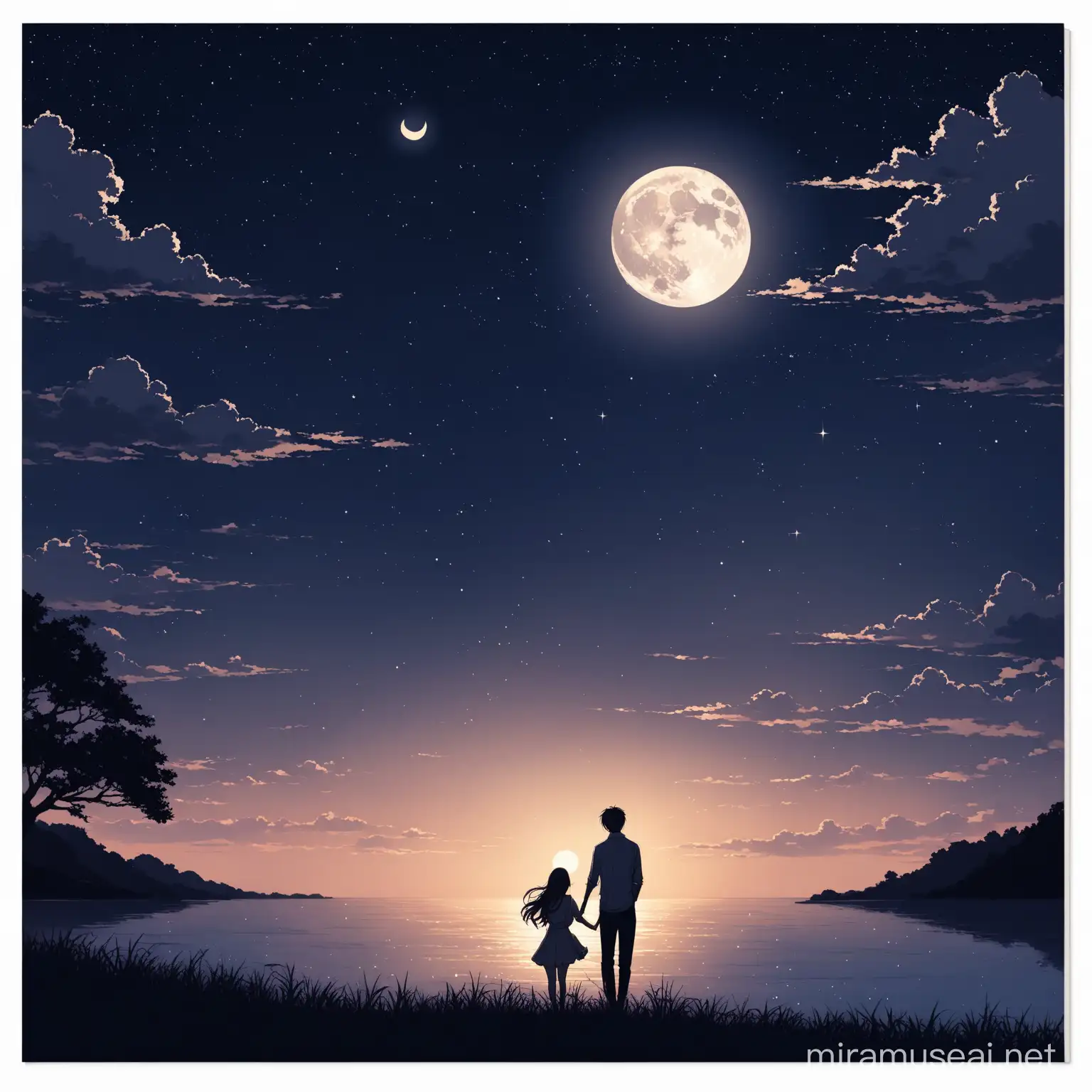 Romantic Moonlit Stroll with a Canine Companion
