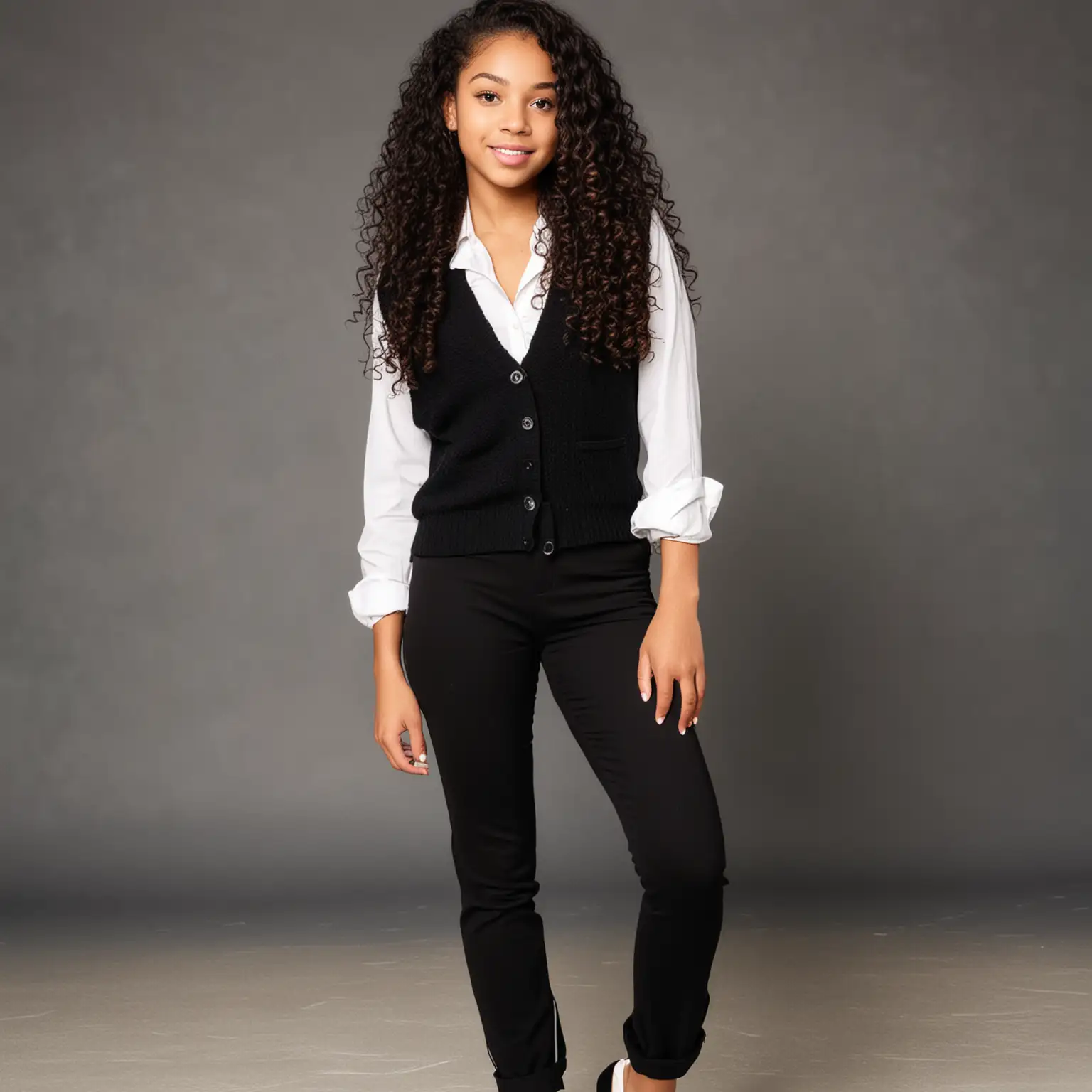 light skinned black teenage girl with long curly hair with black buttoned up sweater vest over white blouse and black pants with ballet flats 