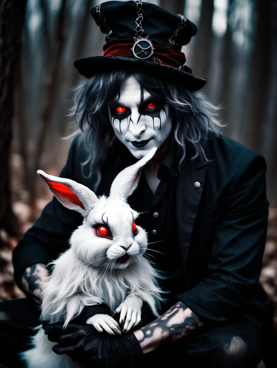 White rabbit with red eyes crouched on the head of male Fae child with chalk white skin and thick black make-up around eyes and lips, grinning happily, innocent, manic, gothic, wearing brown fur hat, style: fantasy