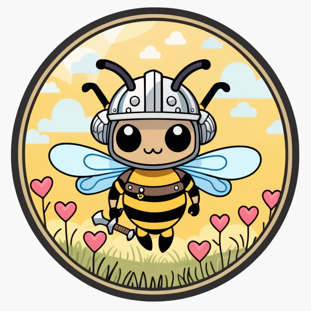discord decorated circle icon surrounded with hearts of a cute Viking bee flying in the meadows wearing a helmet and also wielding a sword 