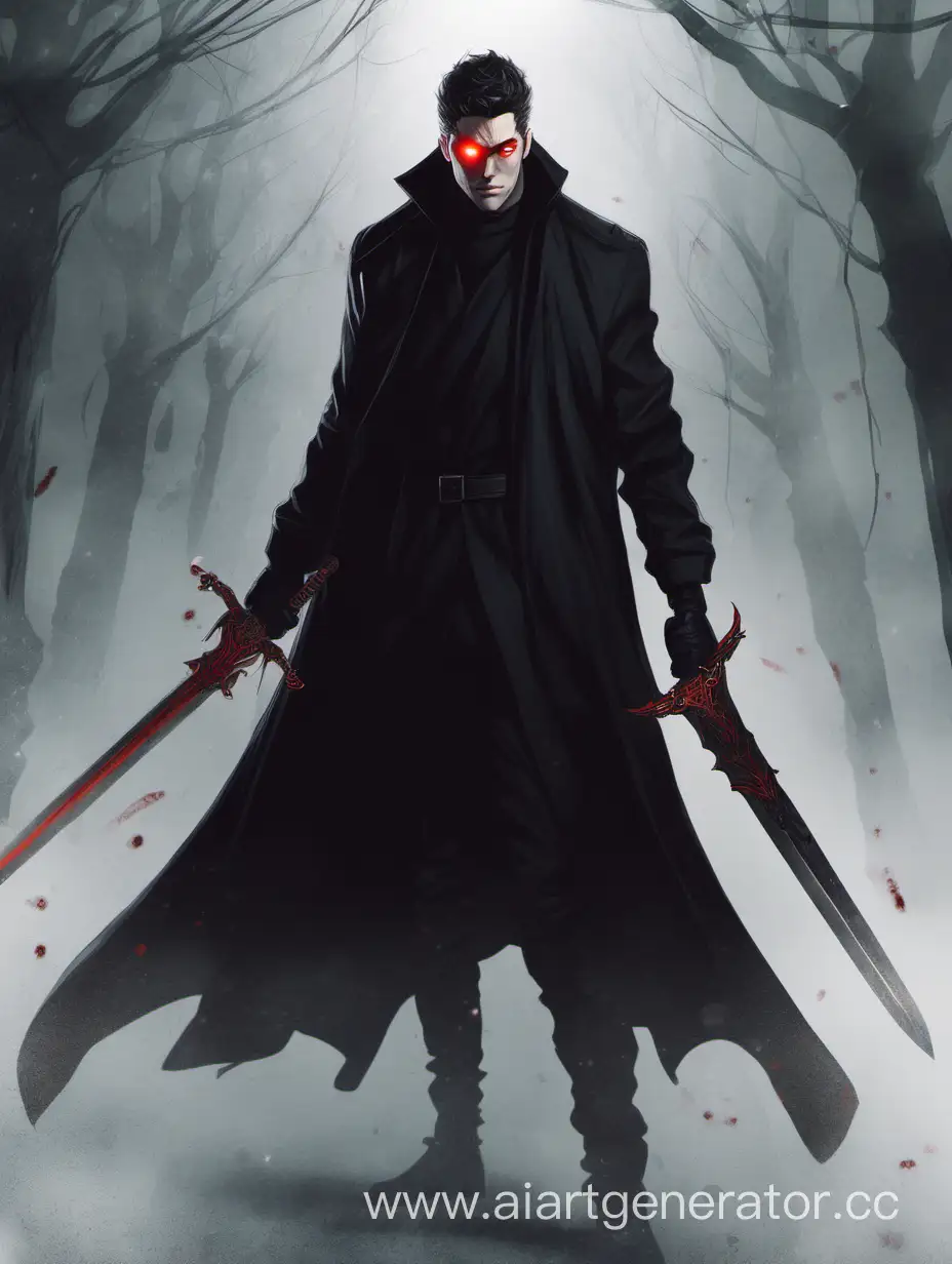 Парень в с красными глазами и мечом в руке, одет в чёрную кофту и черное пальто