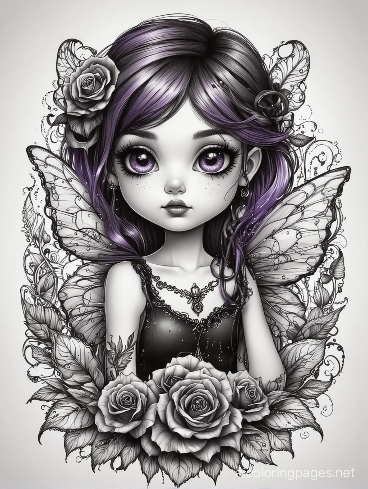 create a beautiful big round face big eyes gothic punk rock style fairy holding a black rose. use purple and black colors only., Coloring Page, black and white, line art, white background, Simplicity, Ample White Space. The background of the coloring page is plain white to make it easy for young children to color within the lines. The outlines of all the subjects are easy to distinguish, making it simple for kids to color without too much difficulty