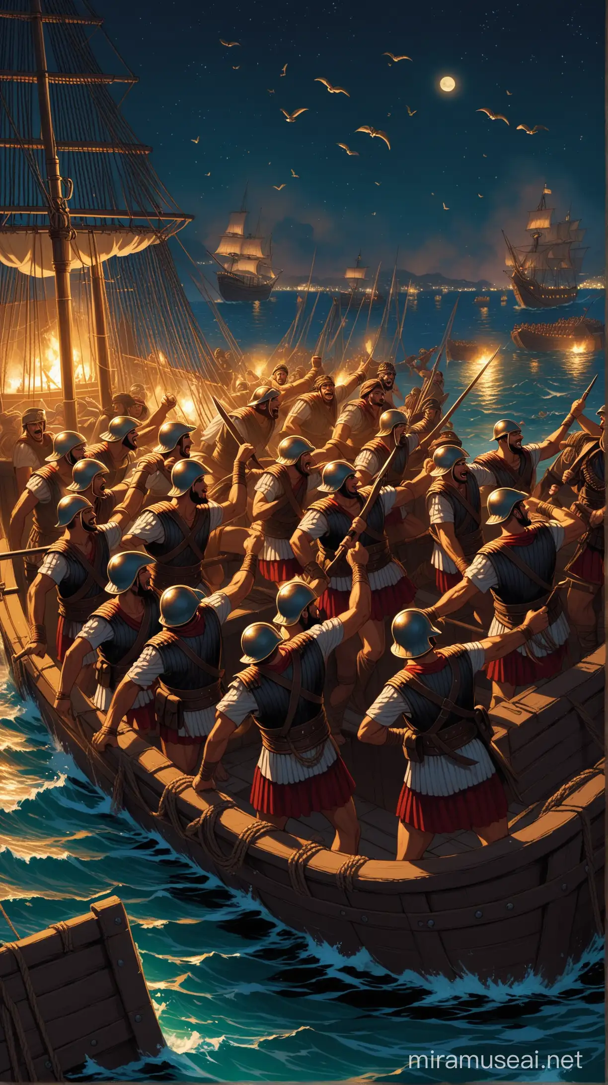 Roman sailor soilders emerge victorious against the pirates and captures them in the night
