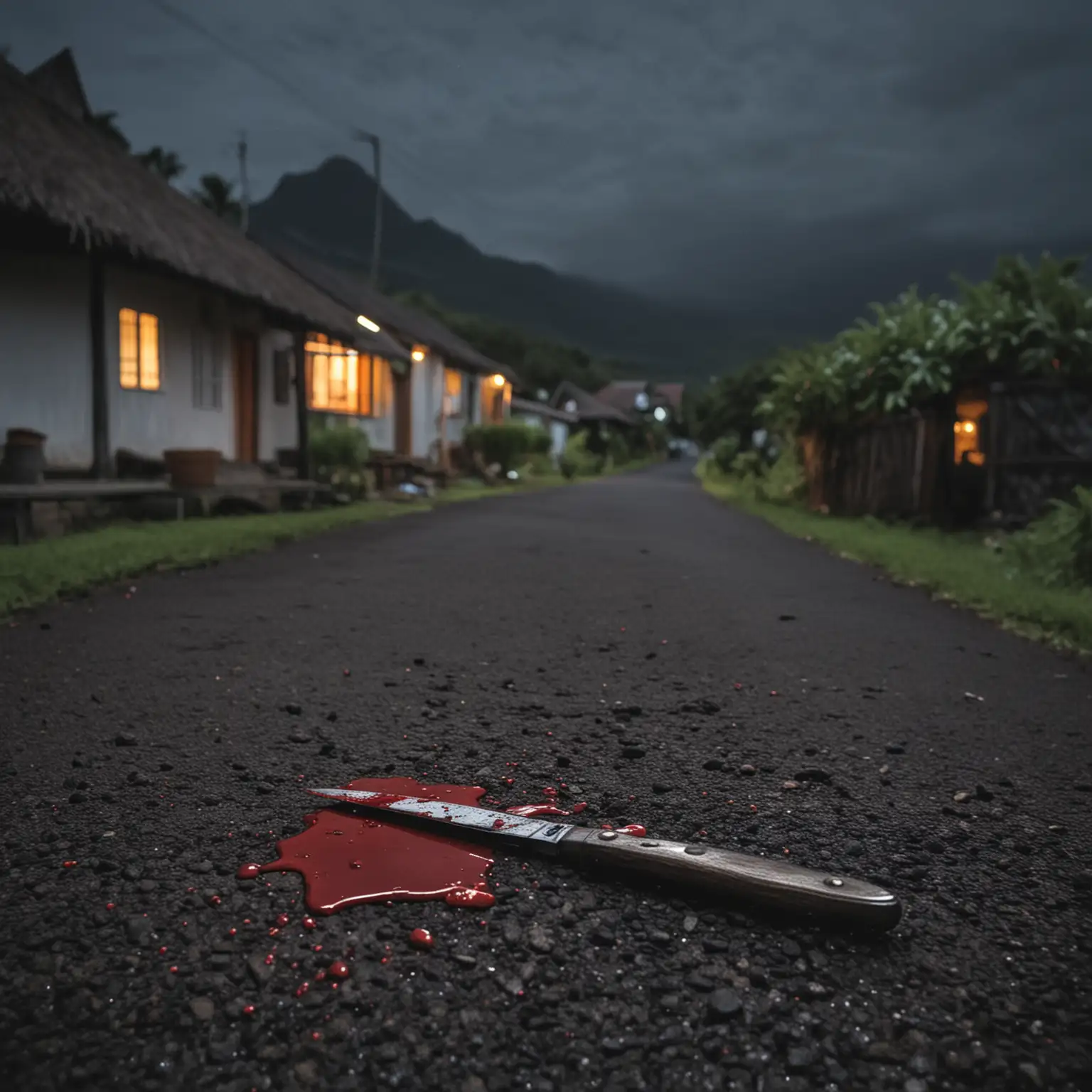 Ambiance de l'ile de la Réunion village glauque de nuit. 

Avec un couteau plein de sang au premier plan