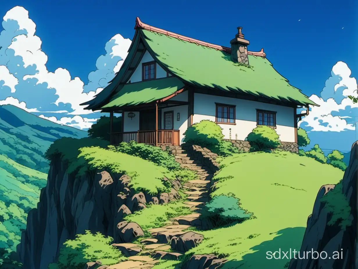 view of a cottage on a mountain, vegetation, old anime ghibli