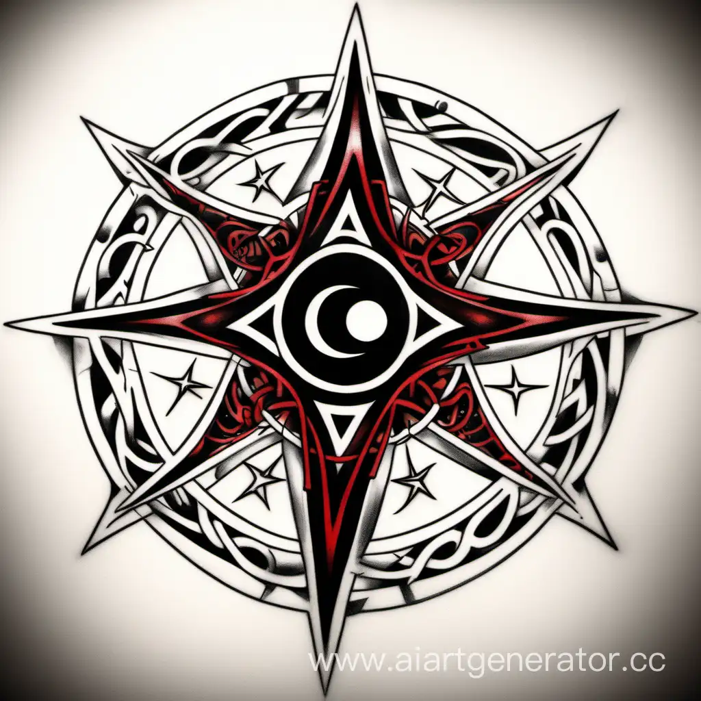 Эскиз татуировки на колено с четырехконечной звездой в центре и двумя симметричными по отношению к друг другу лунами по бокам от звезды в стиле между трайблом и хаосом, в чёрно-красном цвете