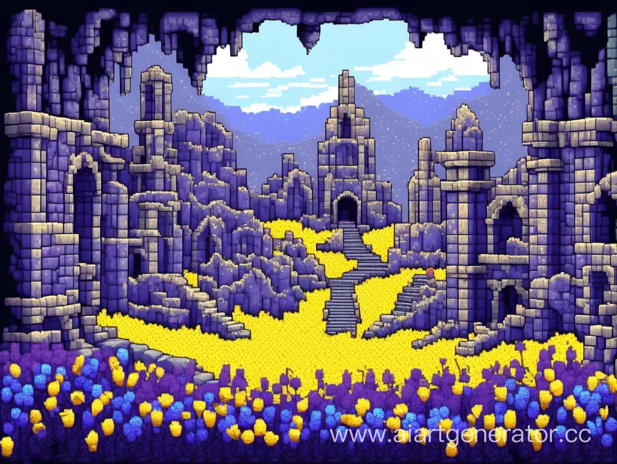 Desolate-Pixelated-City-with-Yellow-Floral-Oasis