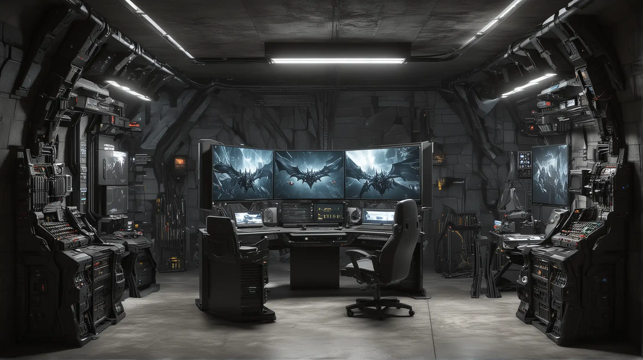 Designs for a Batcave's super elaborate advanced and complex Batcomputer-like gaming computer desk setup for gaming in  Batcave-like medium-sized room.