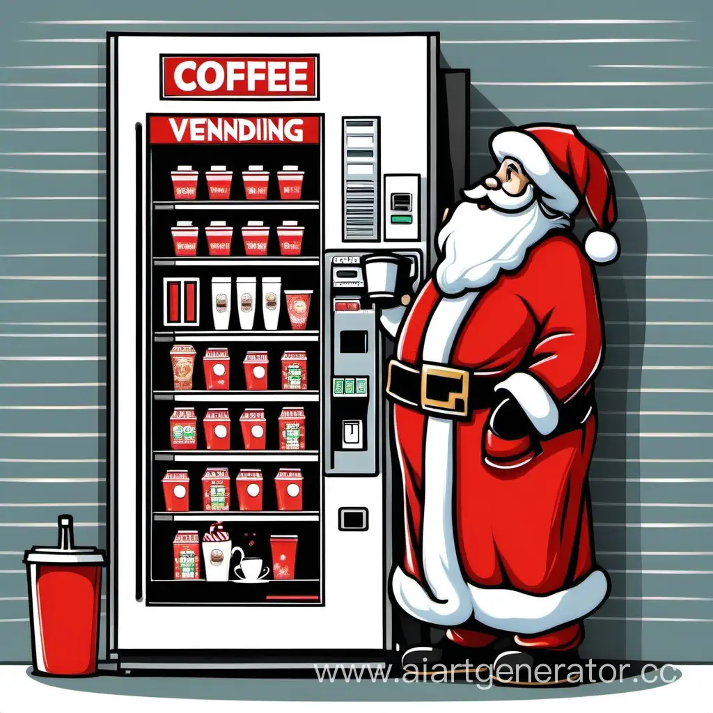 Санта клаус пьет кофе из вендинга