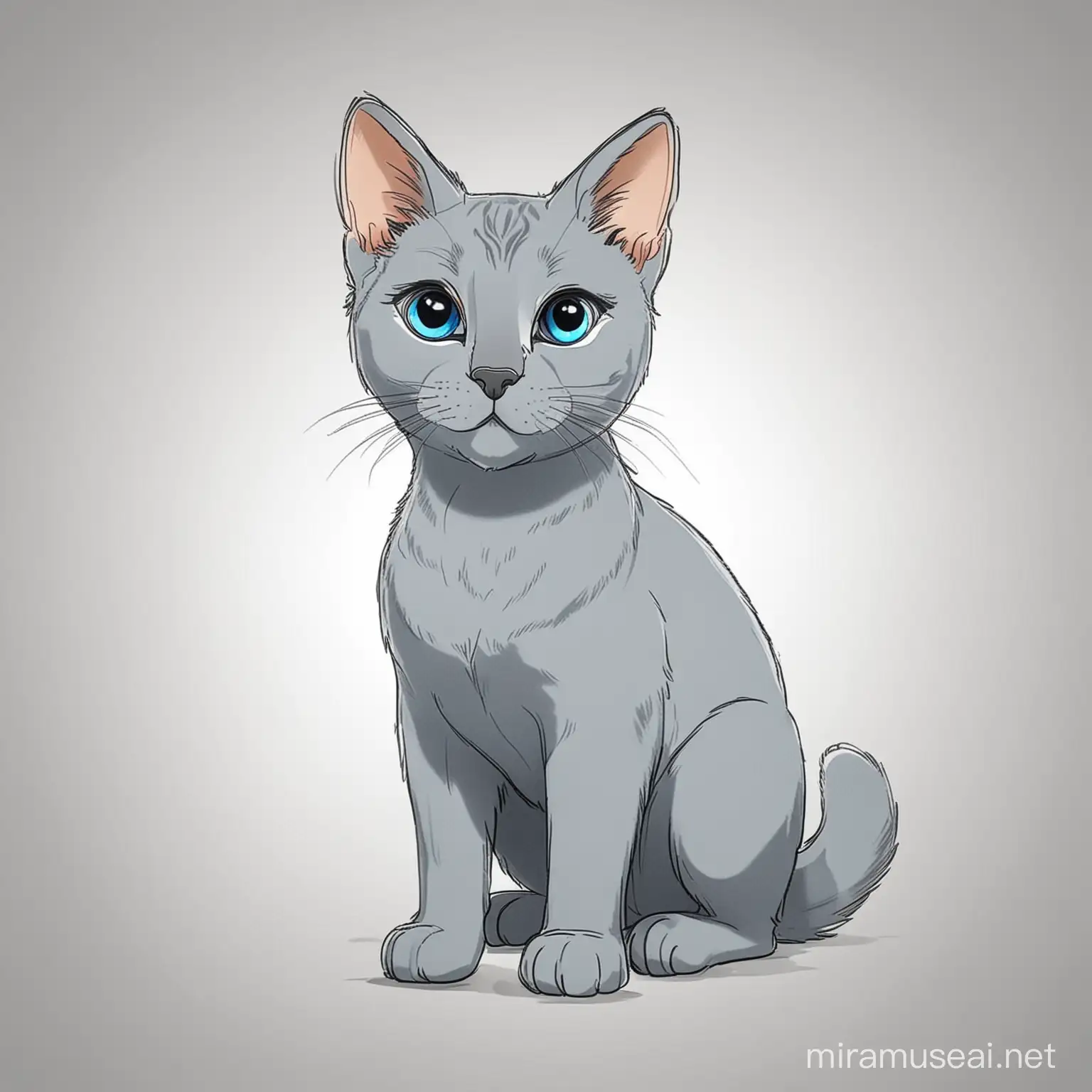 Very easy coloring page for 3 years old toddler. Cartoon russian blue 
cat. Without shadows. Thick black outline, without colors and big  details. White background.