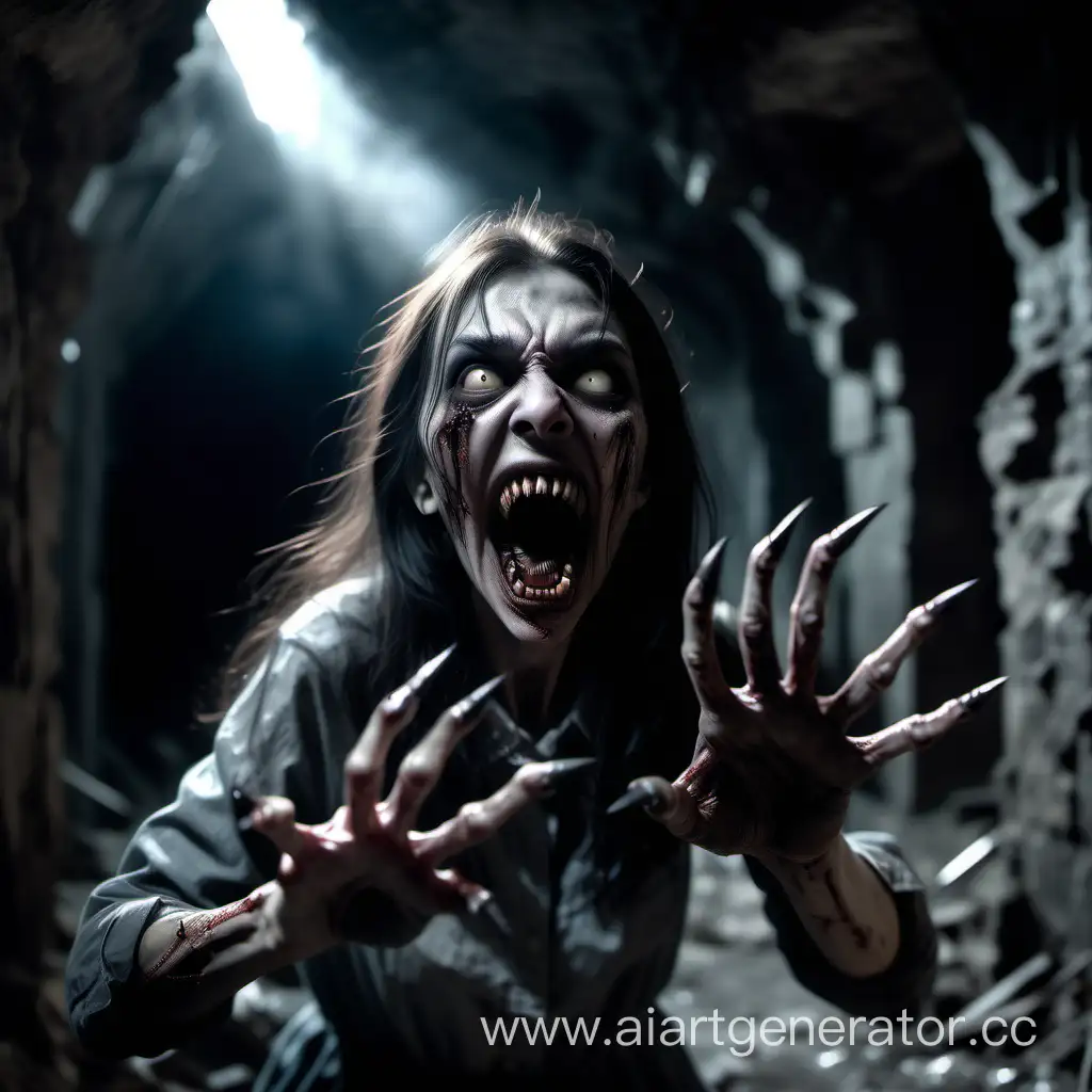 Undead horrible ghoul woman attacks using the her   pointed claws  on their own five-fingered hands, its mouth menacingly open, revealing sharp teeth resembling fangs. The scene takes place in a dark abandoned mine. High detail, photorealism, hyper-realism.