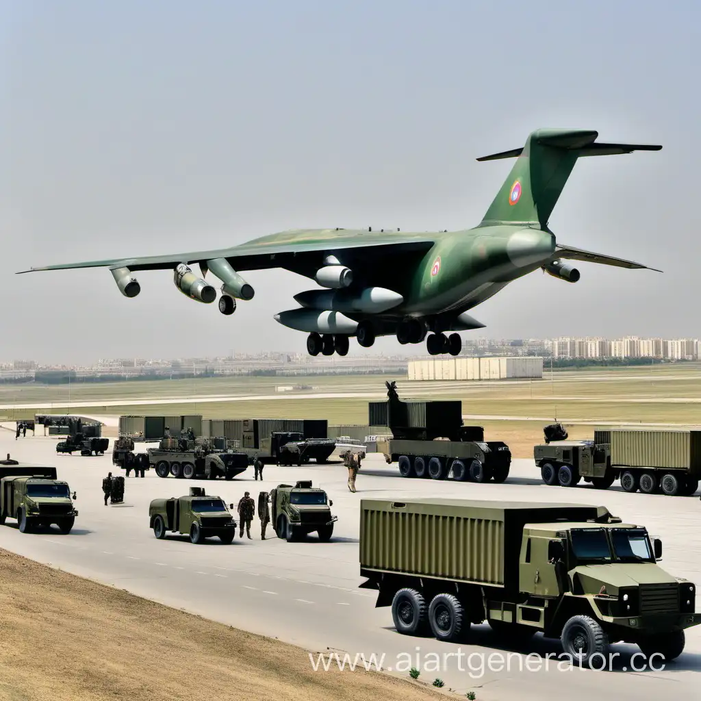 Военный аэродром в Бакум, средства ПВО, военные, транспортный самолет, контейнеры с боеприпасами, в центре генерал Али-Сухра 