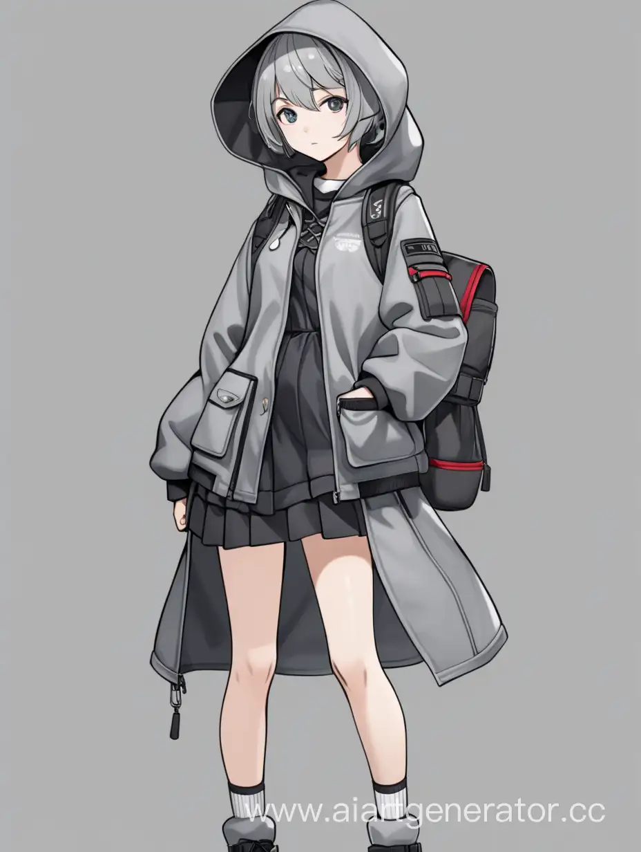 full body view of a anime girl young adult, with short grey hair. She wears maid attire with a tactical jacket and hood over it. 