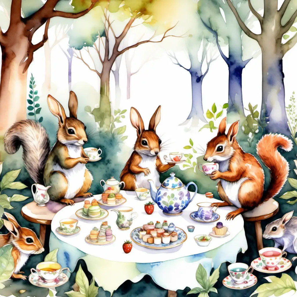 Generate a watercolor image depicting a whimsical woodland tea party attended by mystical creatures. Imagine creatures like rabbits, squirrels, and hedgehogs enjoying tea and treats under the dappled sunlight.